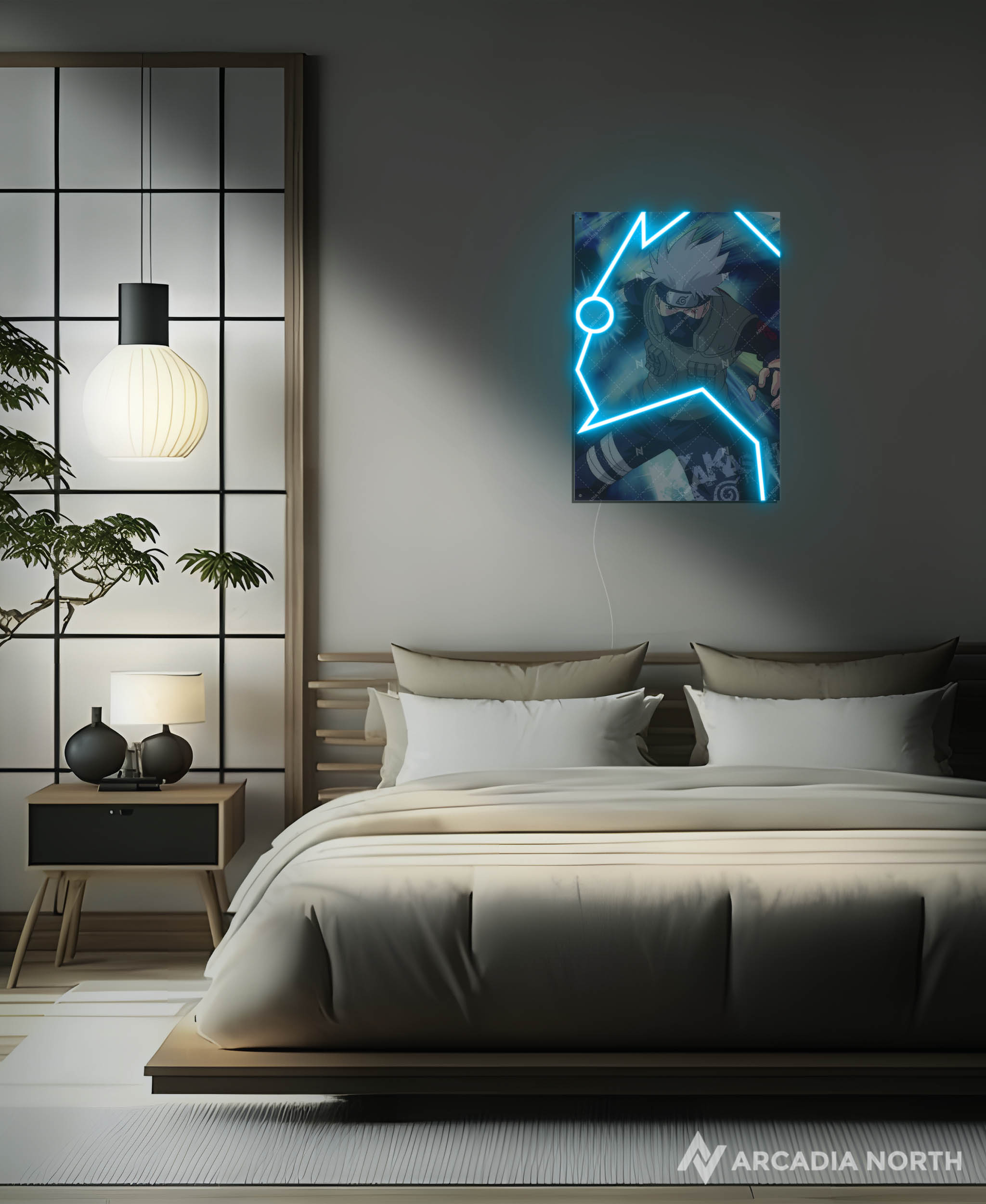Arcadia North AURALIGHT - an LED Poster featuring the anime Naruto with Kakashi Hatake performing the jutsu Chidori. Illuminated by glowing neon LED lights. UV-printed on acrylic.