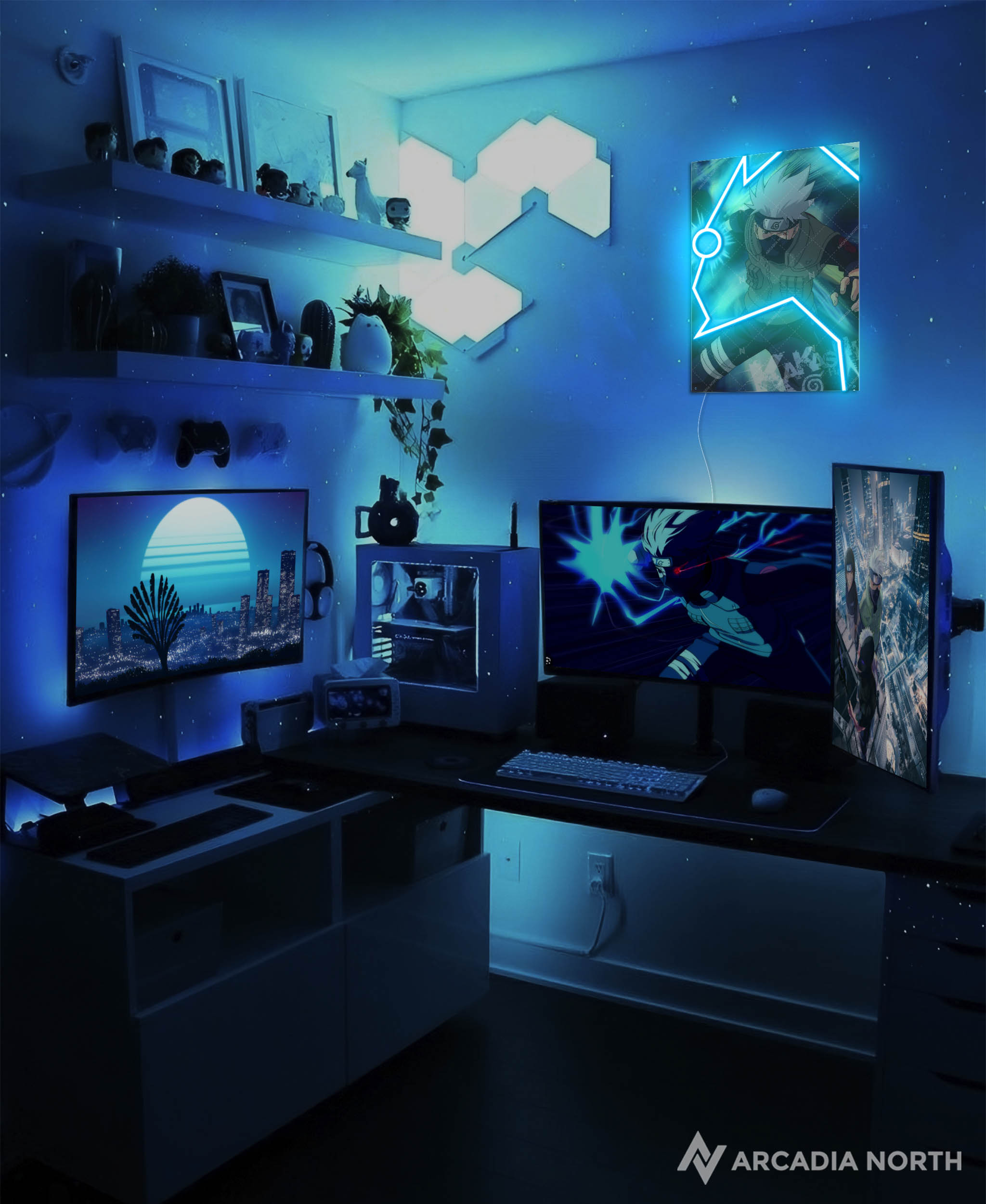 Arcadia North AURALIGHT - an LED Poster featuring the anime Naruto with Kakashi Hatake performing the jutsu Chidori. Illuminated by glowing neon LED lights. UV-printed on acrylic.