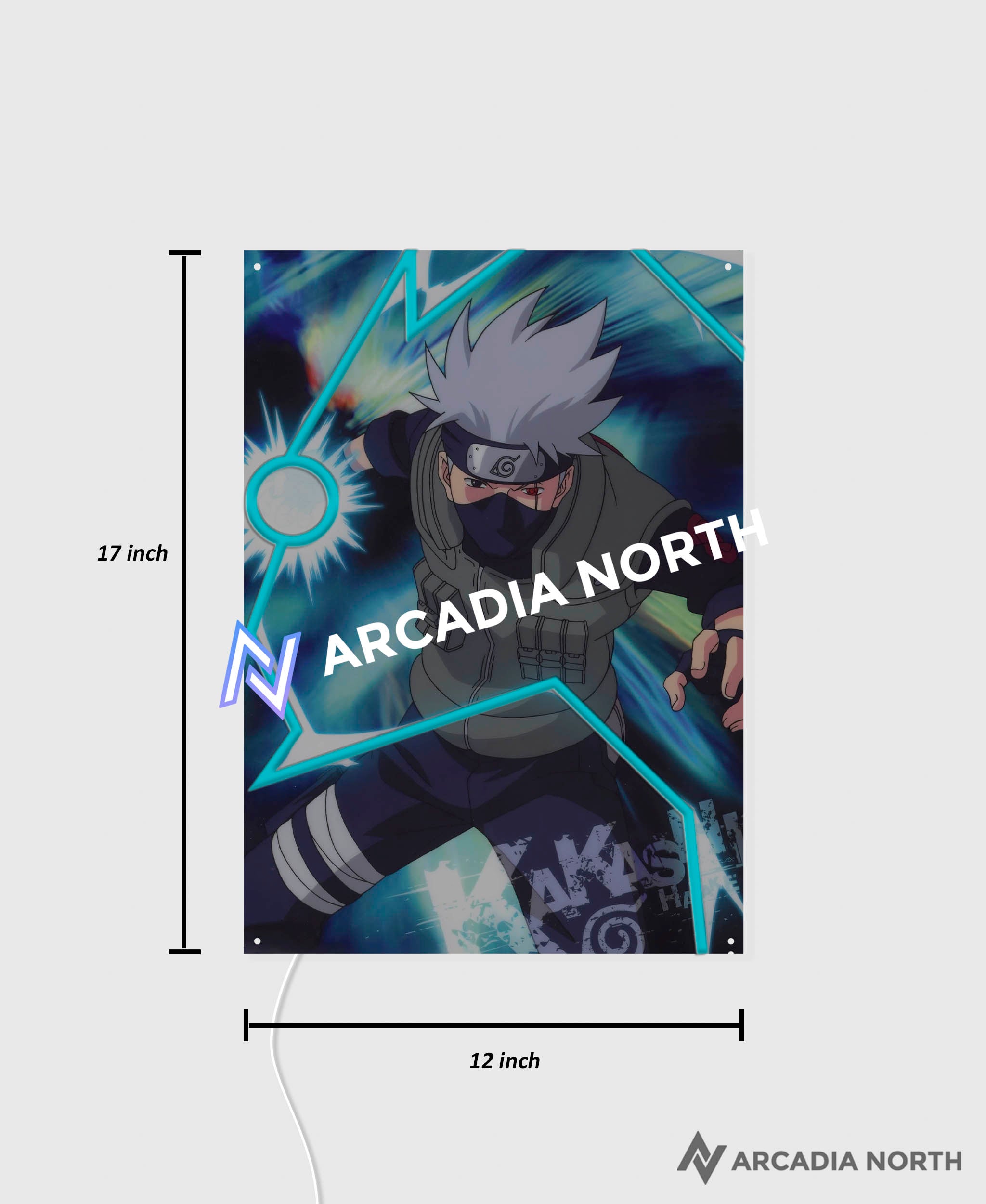 Arcadia North AURALIGHT Original LED Poster featuring the anime Naruto with Kakashi Hatake performing the jutsu Chidori. Illuminated by glowing neon LED lights. UV-printed on acrylic.