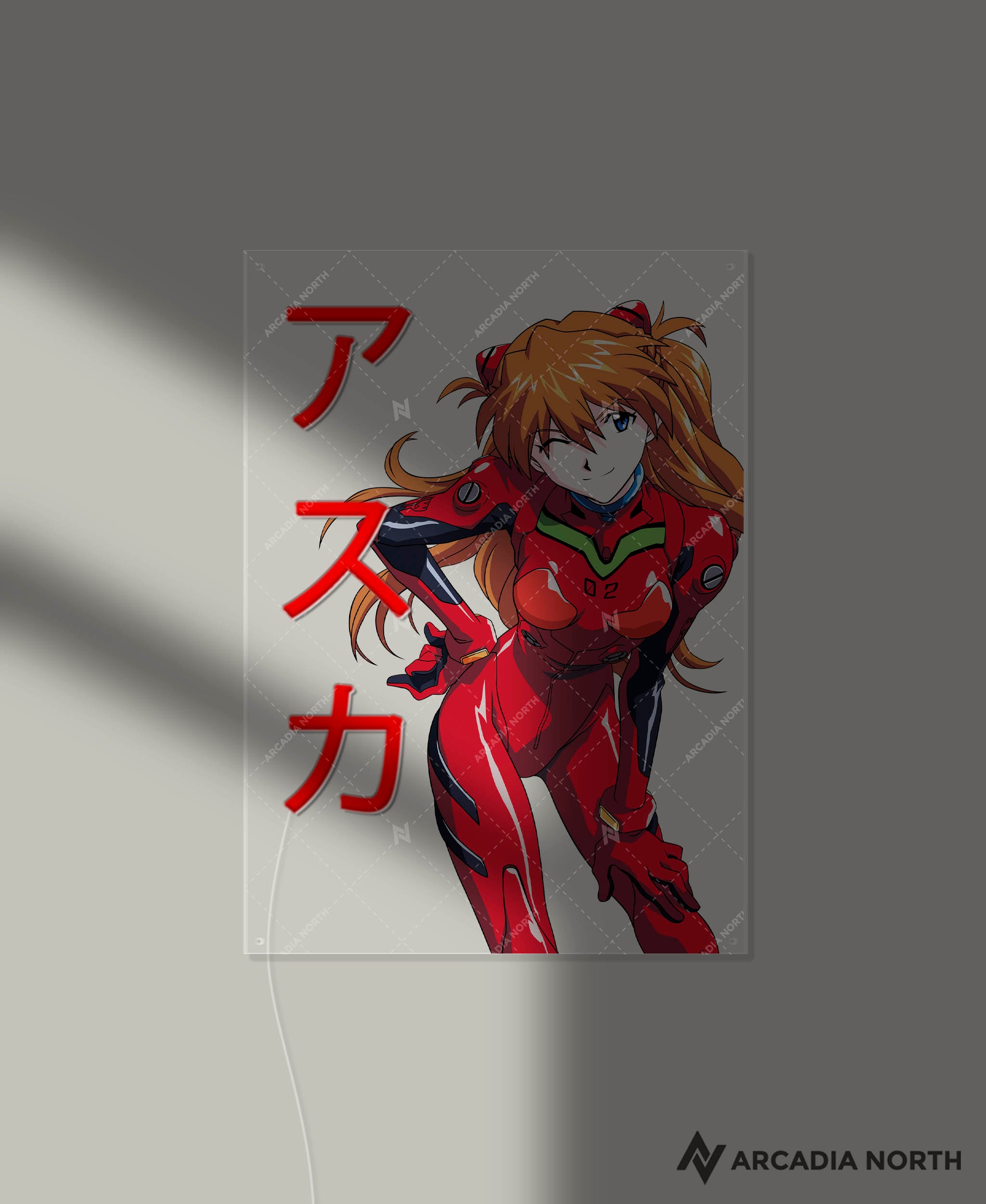 Arcadia North AURALIGHT - an LED Poster featuring the anime Neon Genesis Evangelion with Asuka Langley Soryu and her name Asuka written in Japanese Katakana. Illuminated by glowing neon LED lights. UV-printed on acrylic.