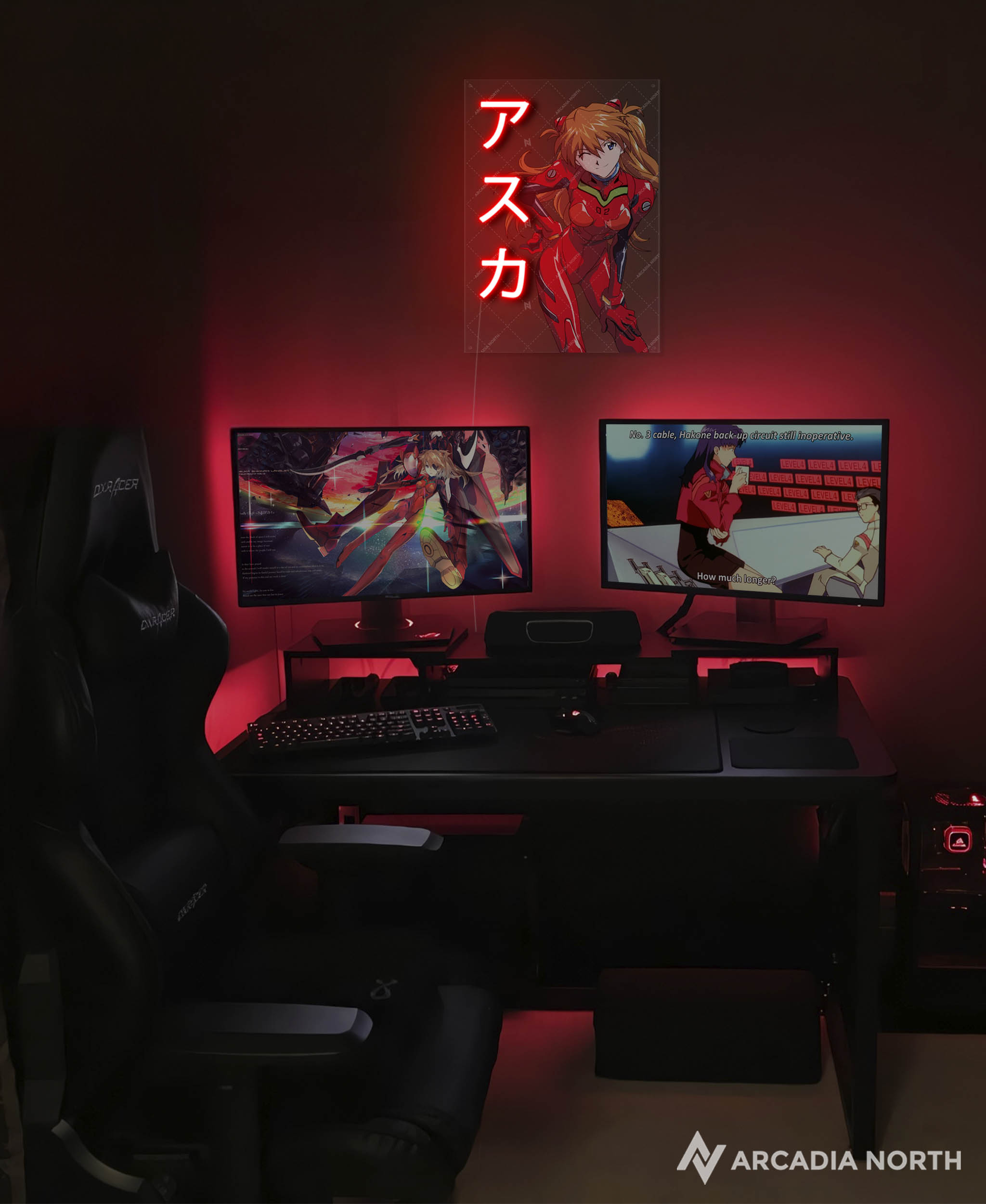 Arcadia North AURALIGHT - an LED Poster featuring the anime Neon Genesis Evangelion with Asuka Langley Soryu and her name Asuka written in Japanese Katakana. Illuminated by glowing neon LED lights. UV-printed on acrylic.