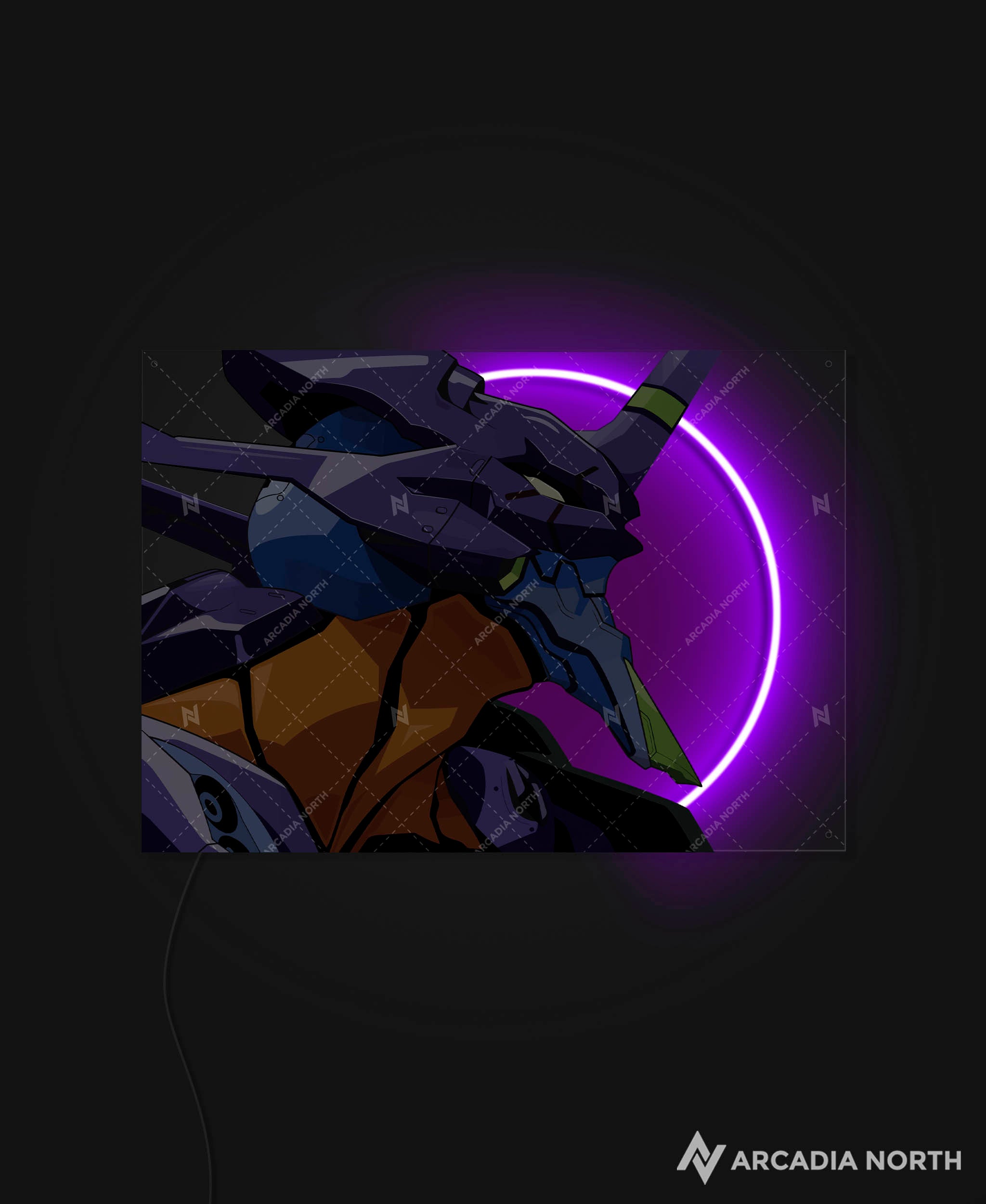 Arcadia North AURALIGHT - an LED Poster featuring the anime Neon Genesis Evangelion with Evangelion Unit-01 or Eva-01 illuminated by glowing neon LED lights. UV-printed on acrylic.