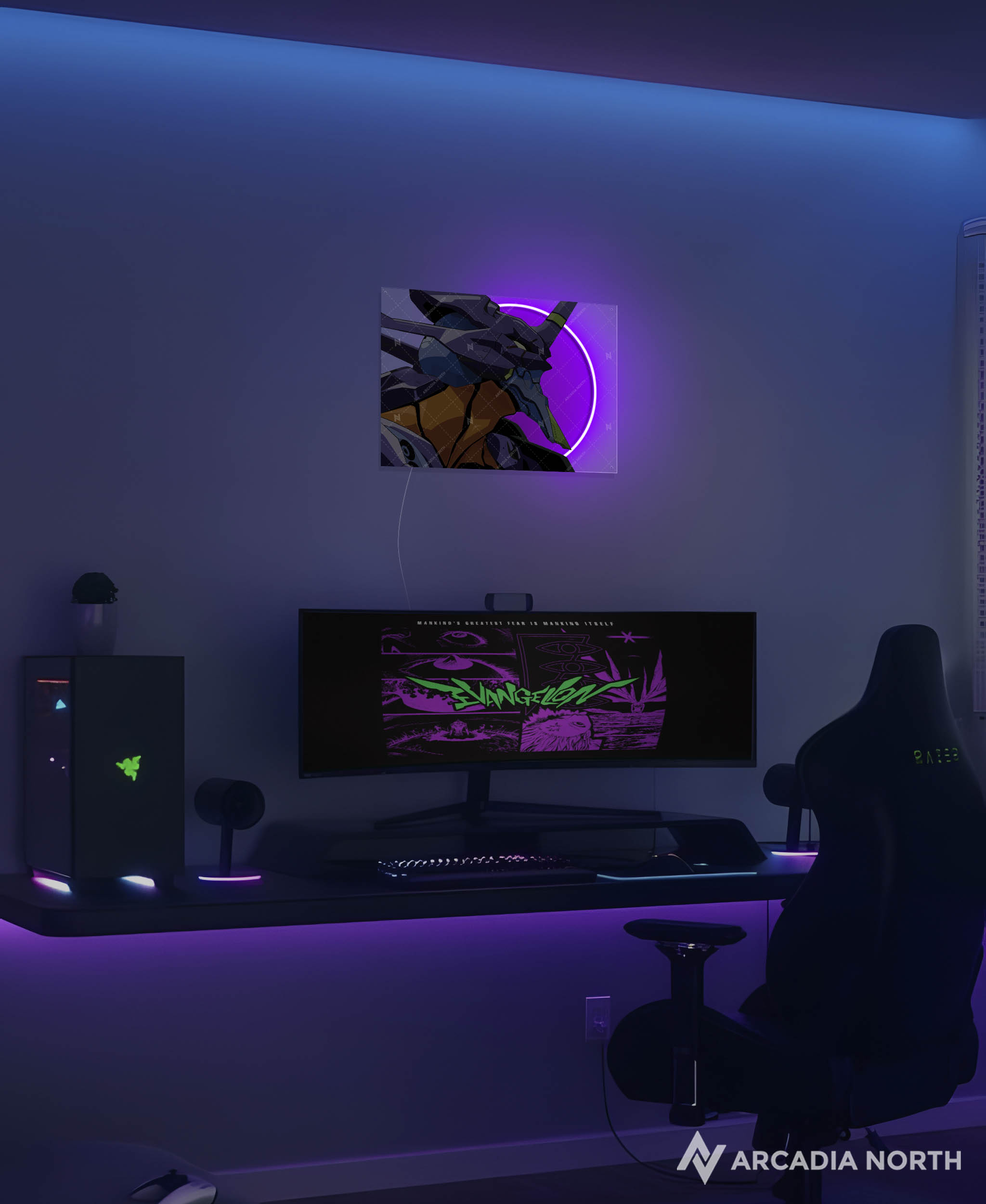 Arcadia North AURALIGHT - an LED Poster featuring the anime Neon Genesis Evangelion with Evangelion Unit-01 or Eva-01 illuminated by glowing neon LED lights. UV-printed on acrylic.