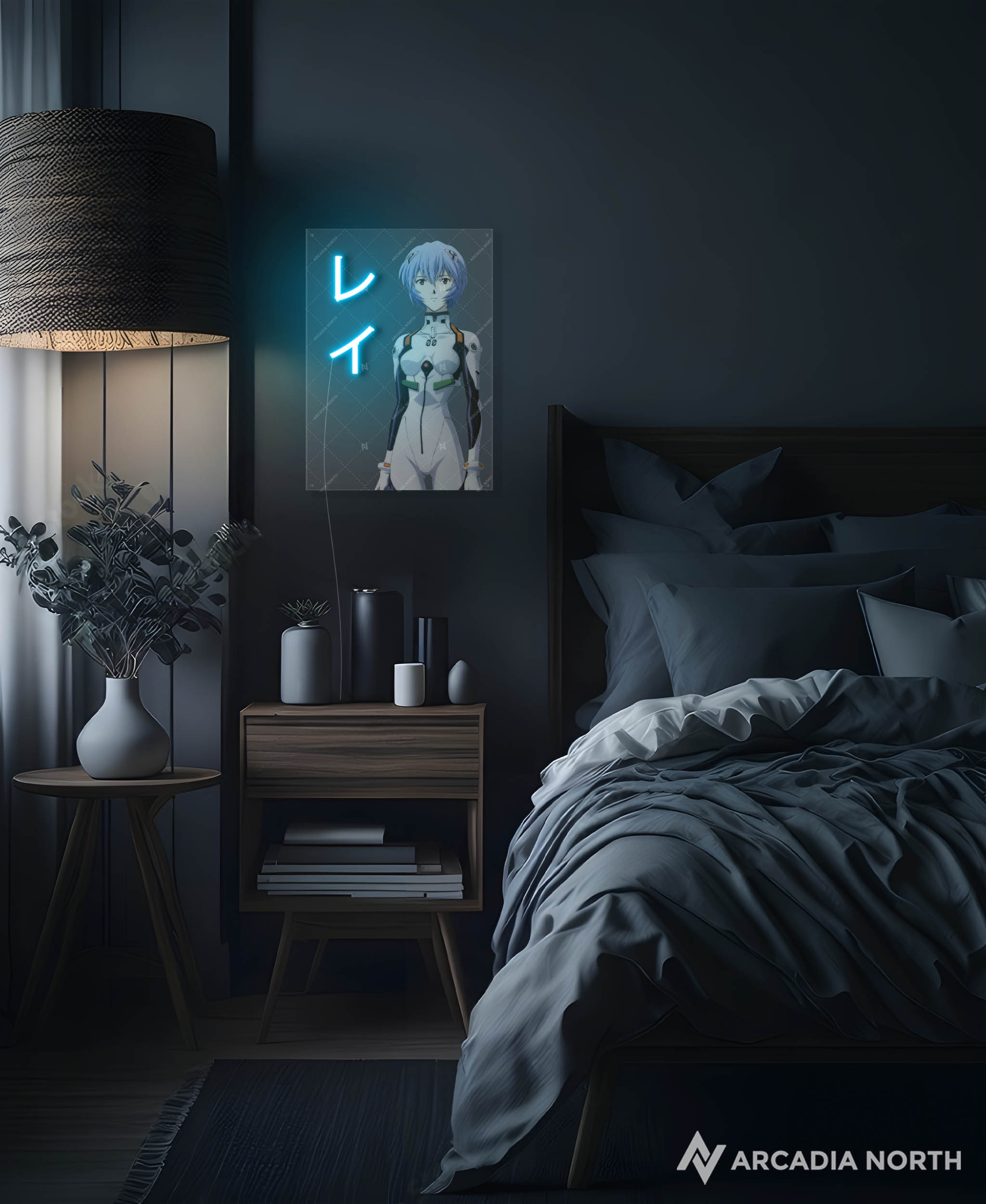Arcadia North AURALIGHT - an LED Poster featuring the anime Neon Genesis Evangelion with Rei Ayanami and her name Rei in Japanese Katakana illuminated by glowing neon LED lights. UV-printed on acrylic.