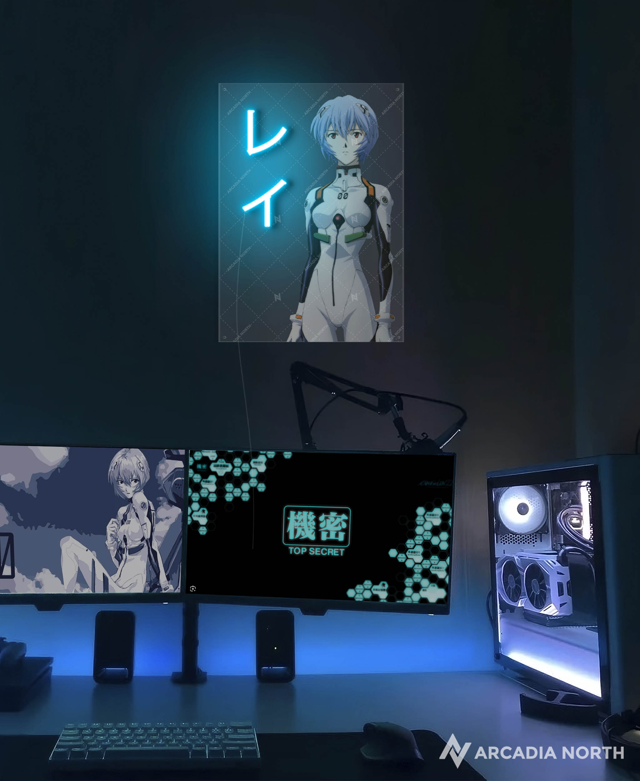 Arcadia North AURALIGHT - an LED Poster featuring the anime Neon Genesis Evangelion with Rei Ayanami and her name Rei in Japanese Katakana illuminated by glowing neon LED lights. UV-printed on acrylic.