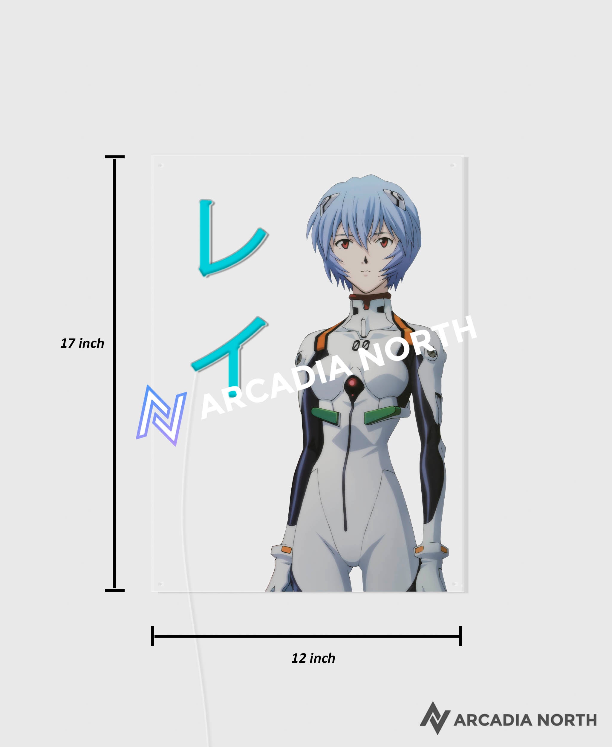 Arcadia North AURALIGHT Original LED Poster featuring the anime Neon Genesis Evangelion with Rei Ayanami and her name Rei in Japanese Katakana illuminated by glowing neon LED lights. UV-printed on acrylic.