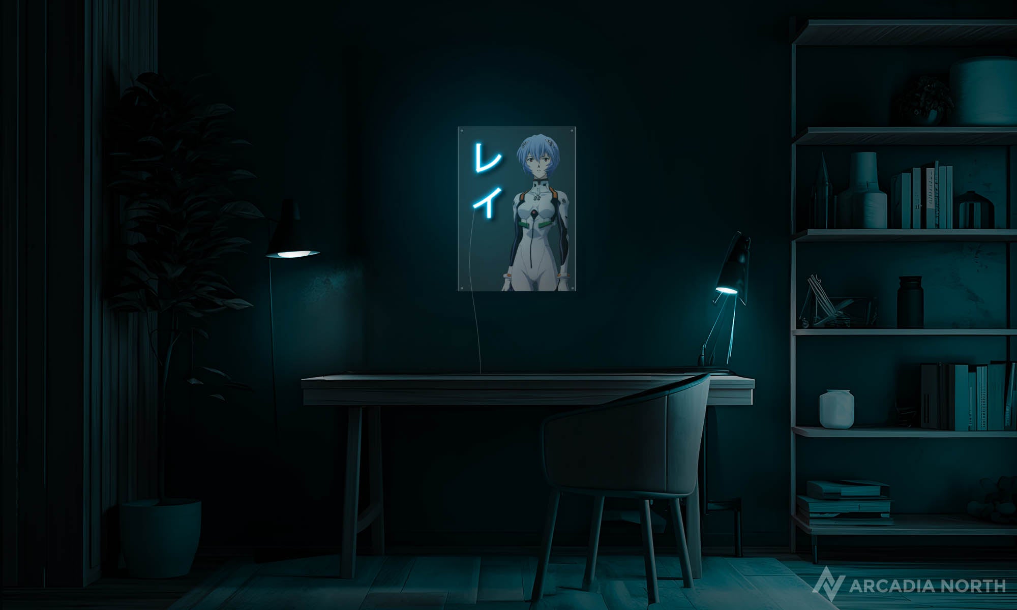 Arcadia North Original LED Poster featuring the anime Neon Genesis Evangelion with Rei Ayanami and her name Rei written in Japanese Katakana illuminated by LED neon lights. UV-printed poster on acrylic.