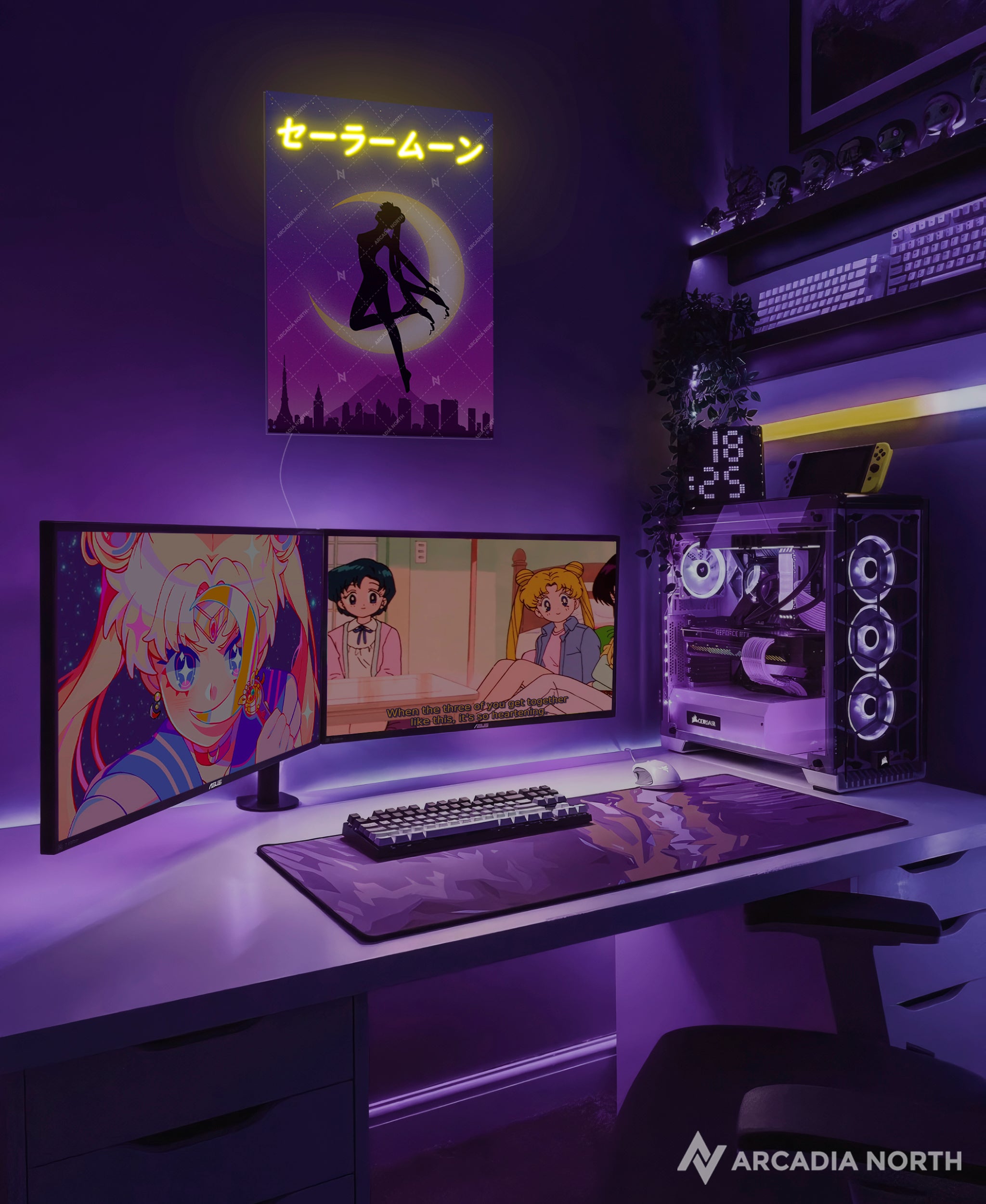 Arcadia North AURALIGHT - an acrylic LED Poster featuring the anime Sailor Moon with Usagi Tsukino. Sailor Moon is written in Japanese Katakana and illuminated by glowing neon LED lights. UV-printed on acrylic.
