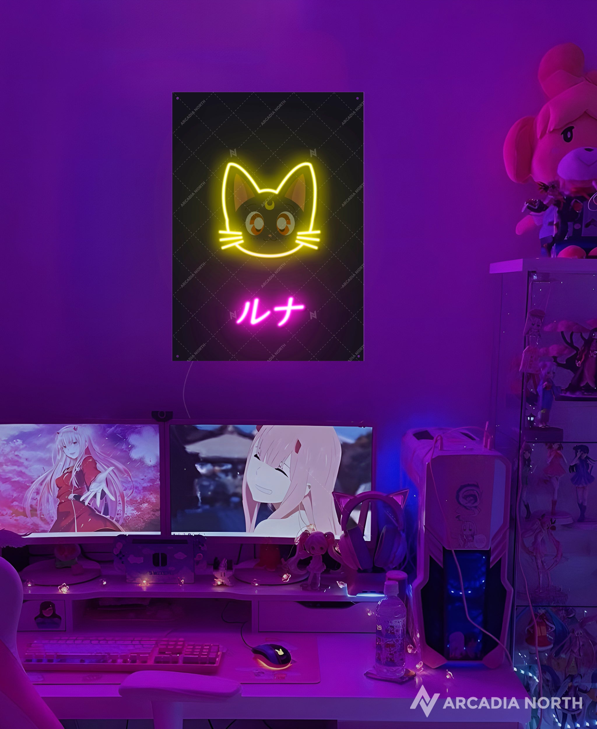 Arcadia North AURALIGHT - an acrylic LED Poster featuring the anime Sailor Moon with Luna. Luna is written in Japanese Katakana and illuminated by glowing neon LED lights. UV-printed on acrylic.