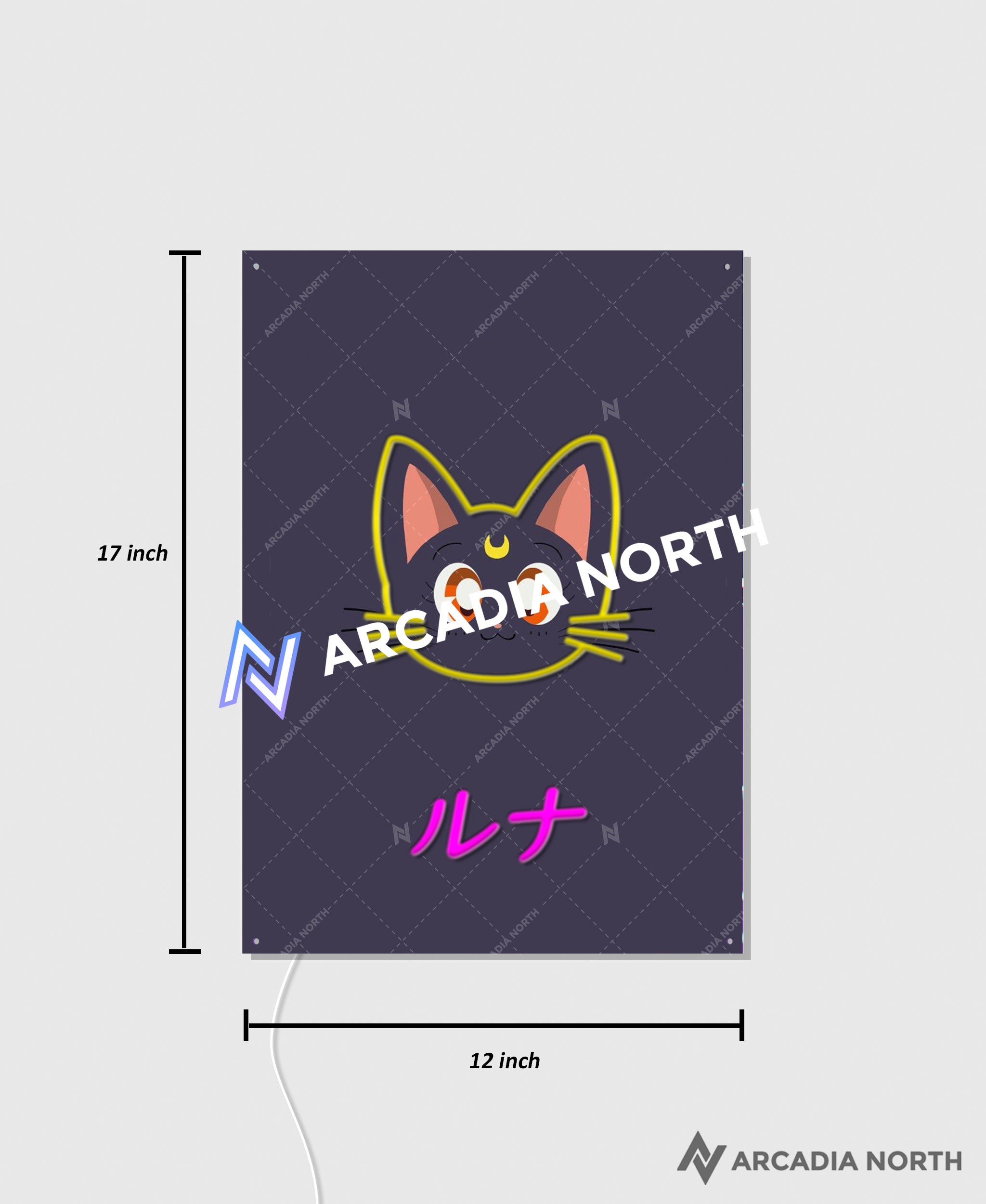 Arcadia North AURALIGHT - an acrylic LED Poster featuring the anime Sailor Moon with Luna. Luna is written in Japanese Katakana and illuminated by glowing neon LED lights. UV-printed on acrylic.