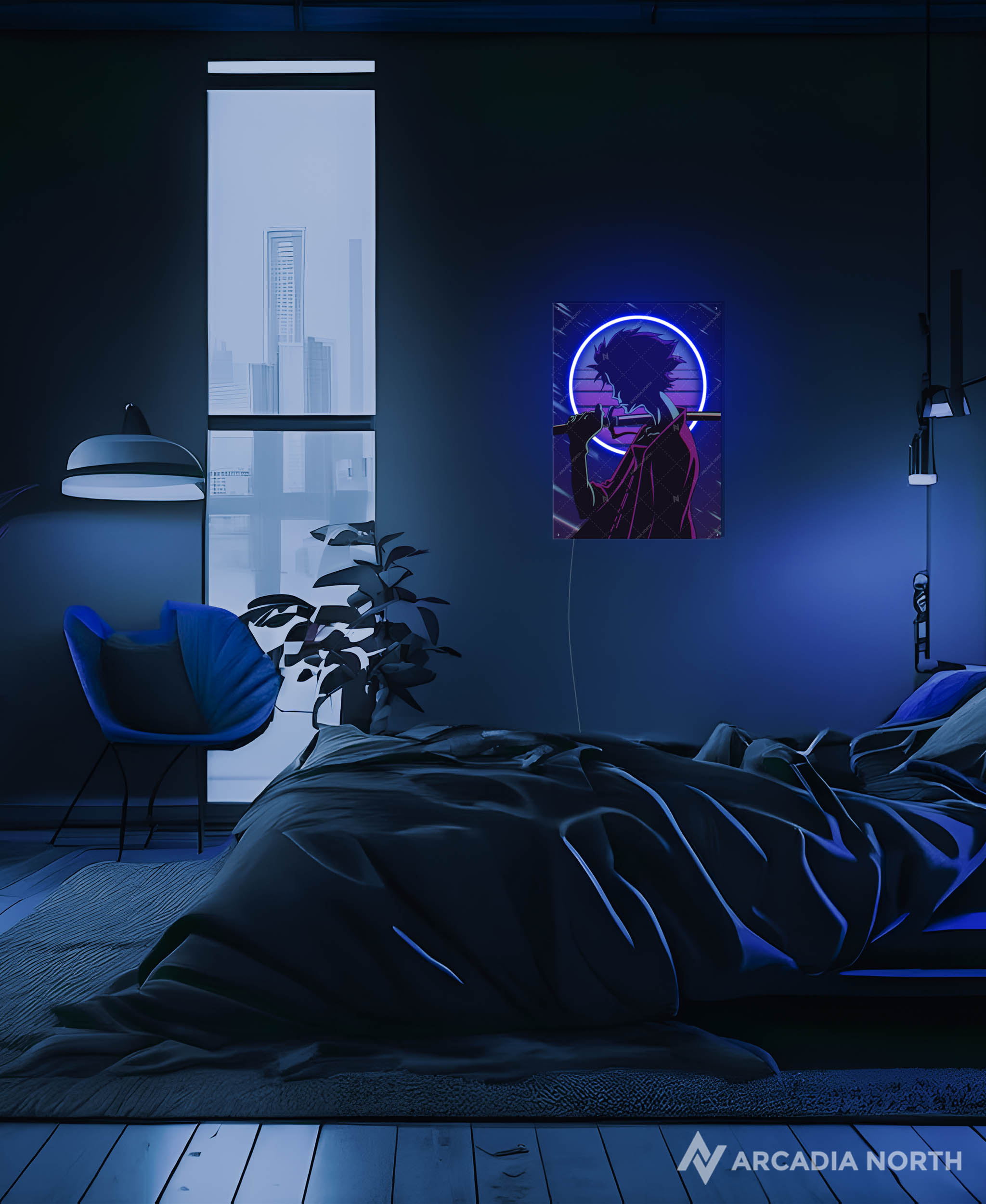Arcadia North AURALIGHT - an LED Poster featuring the anime Samurai Champloo with Mugen in synthwave style. Illuminated by glowing neon LED lights. UV-printed on acrylic.