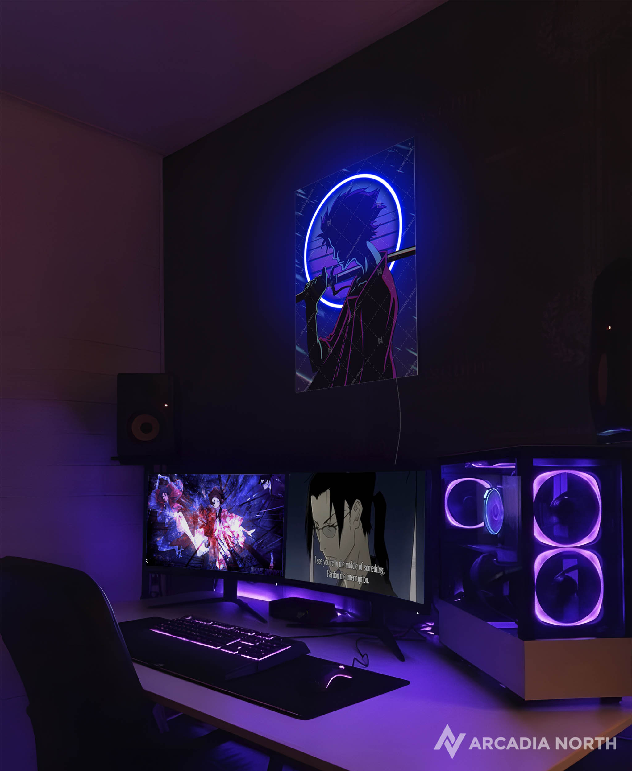 Arcadia North AURALIGHT - an LED Poster featuring the anime Samurai Champloo with Mugen in synthwave style. Illuminated by glowing neon LED lights. UV-printed on acrylic.