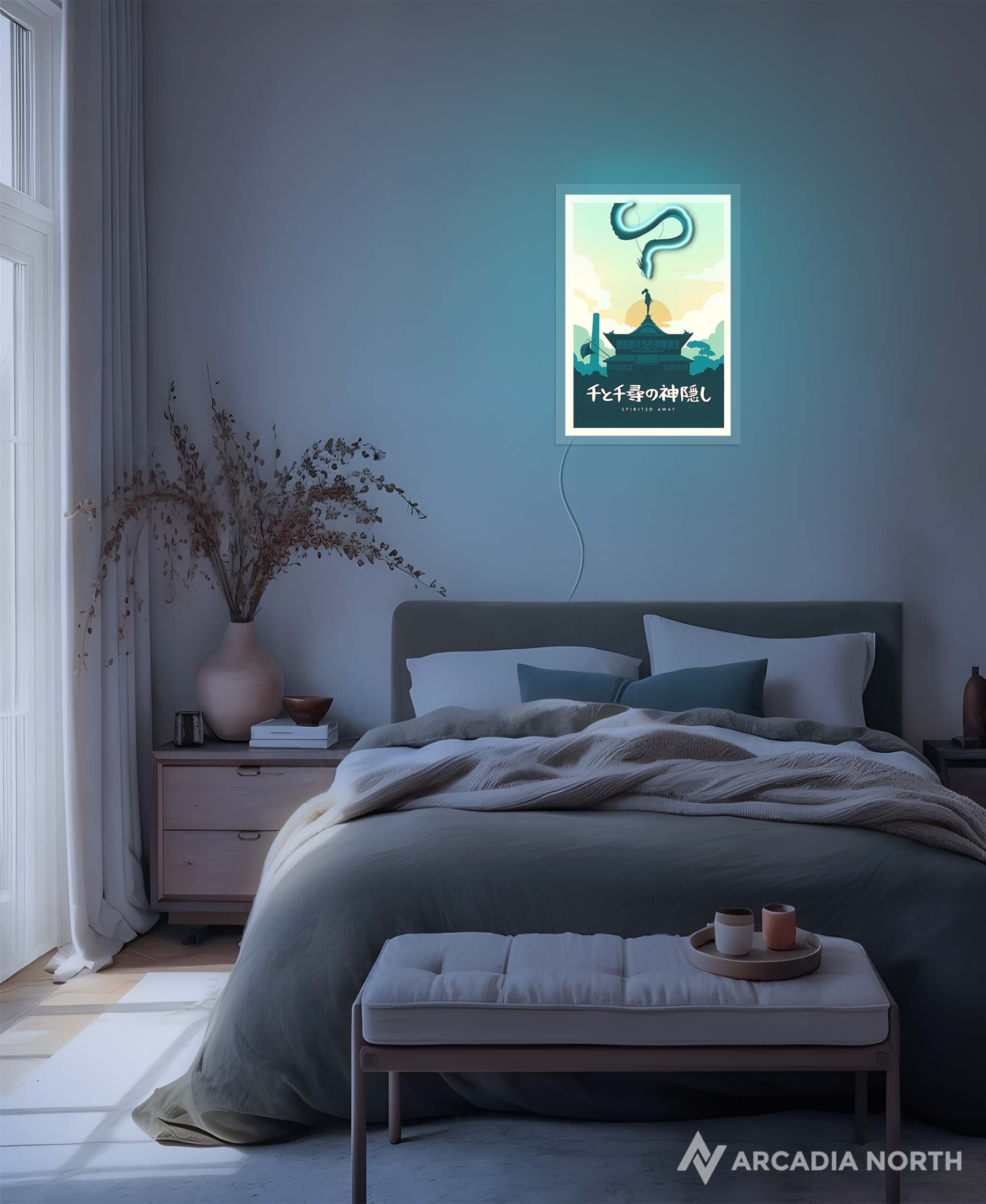 Arcadia North AURALIGHT Original LED Poster featuring the Studio Ghibli anime Spirited Away in minimalistic style. Illuminated by glowing neon LED lights. UV-printed on acrylic.