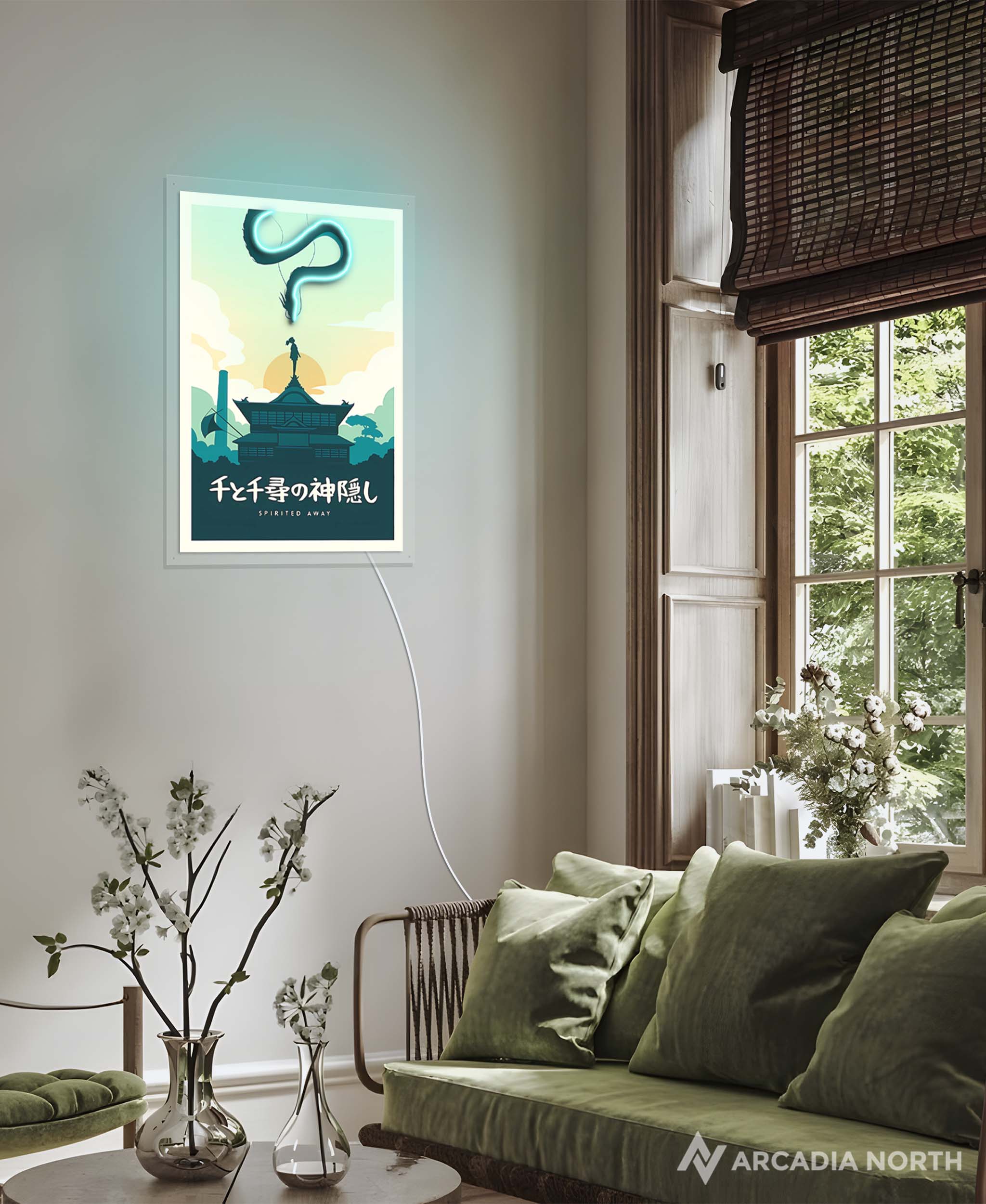 Arcadia North AURALIGHT Original LED Poster featuring the Studio Ghibli anime Spirited Away in minimalistic style. Illuminated by glowing neon LED lights. UV-printed on acrylic.