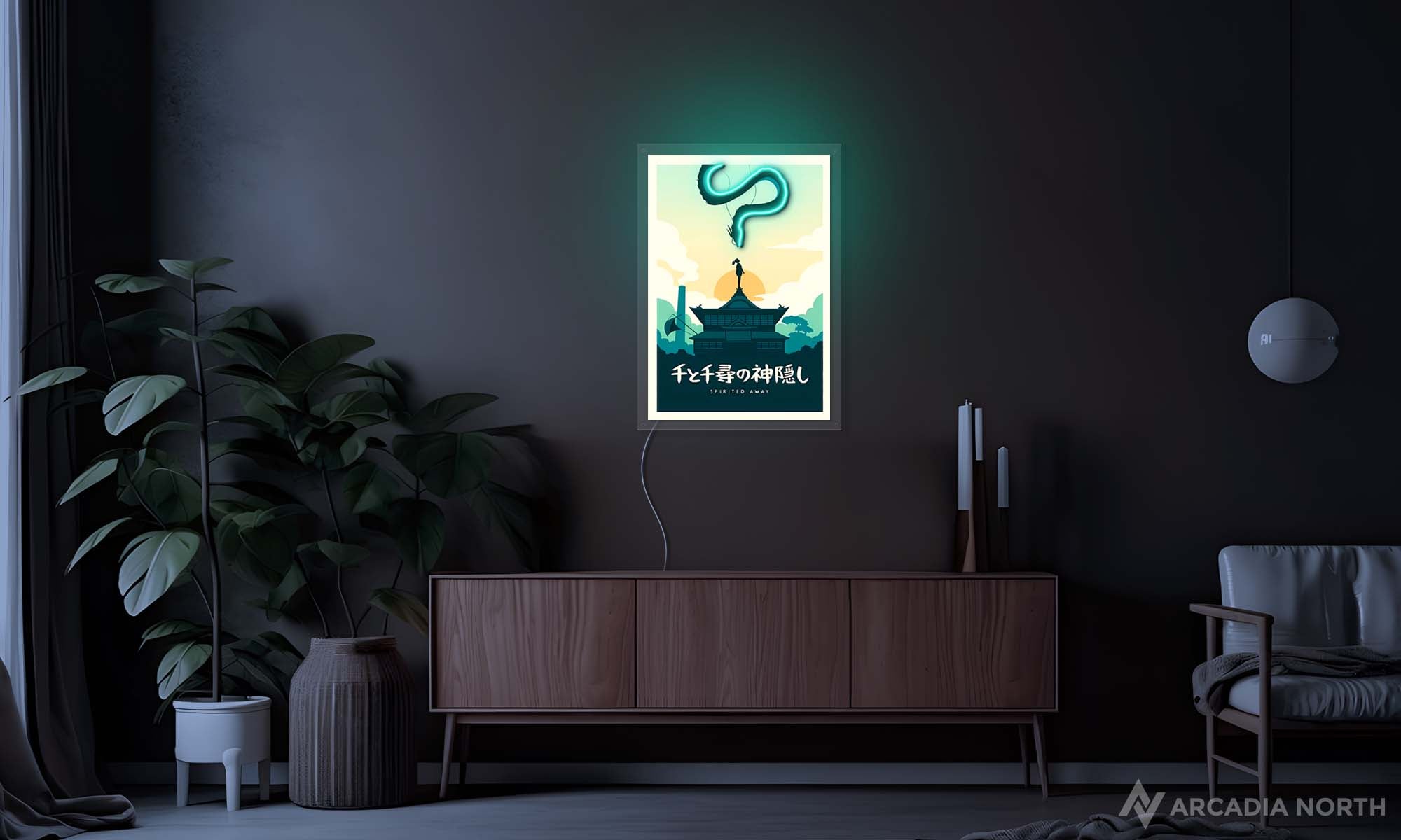 Modern living room with a Studio Ghibli Spirited Away Haku minimalistic acrylic poster with a green neon LED light on the wall