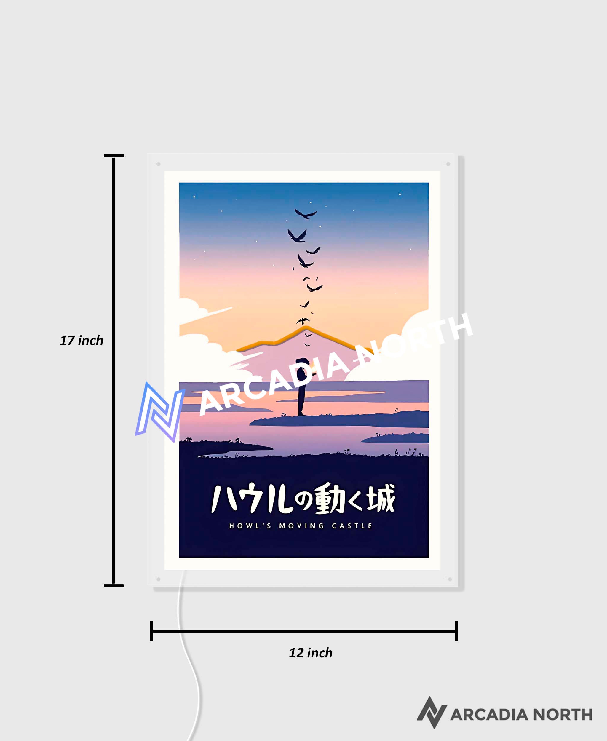 Arcadia North AURALIGHT Original LED Poster featuring the Studio Ghibli anime Howl's Moving Castle in minimalistic style illuminated by LED neon lights. UV-printed poster on acrylic.