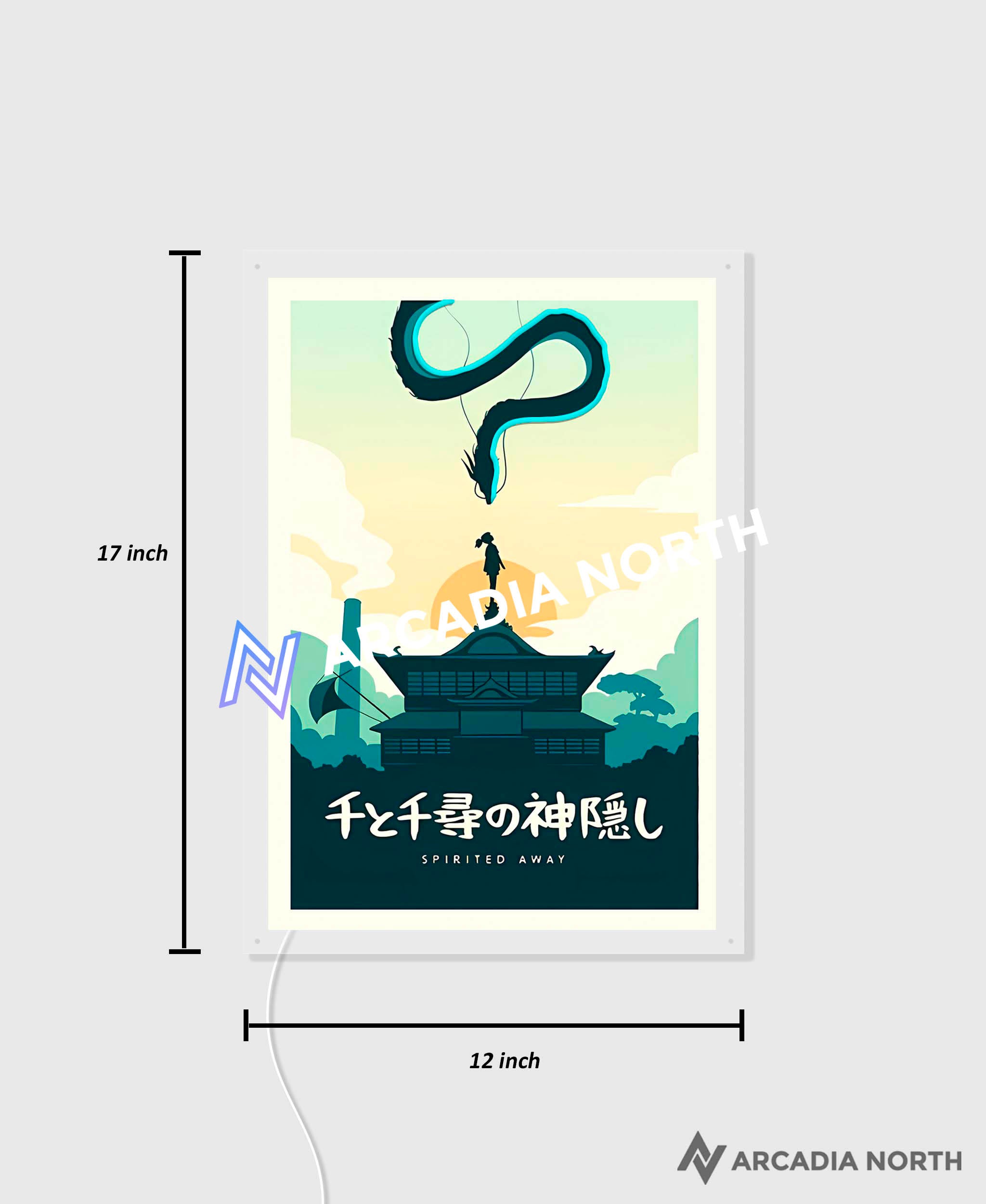 Arcadia North AURALIGHT Original LED Poster featuring the Studio Ghibli anime Spirited Away in minimalistic style. Illuminated by glowing neon LED lights. UV-printed on acrylic.