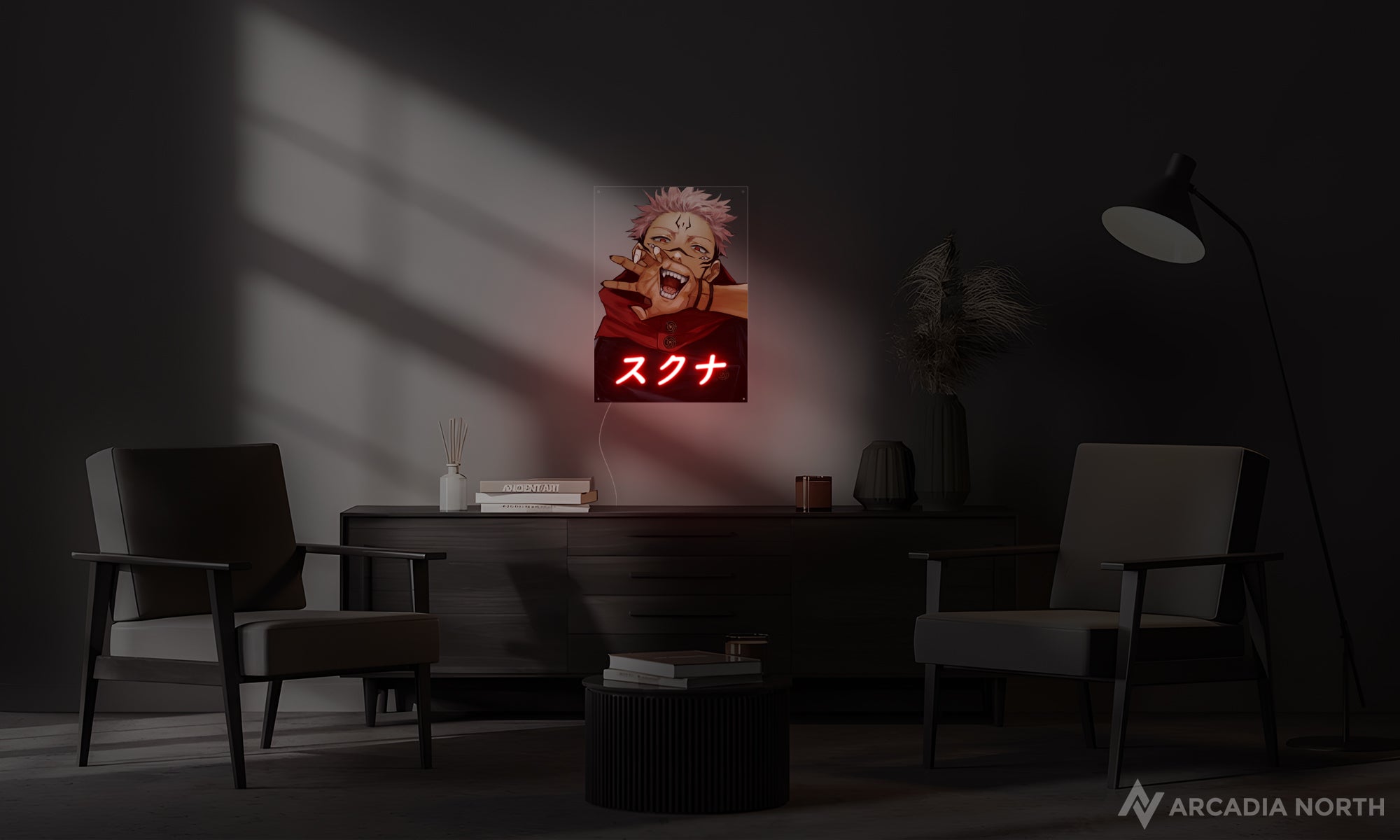 Arcadia North AURALIGHT Original LED Poster featuring the anime Jujutsu Kaisen with Sukuna art and Sukuna written in Japanese Katakana illuminated by LED neon lights. UV-printed poster on acrylic.