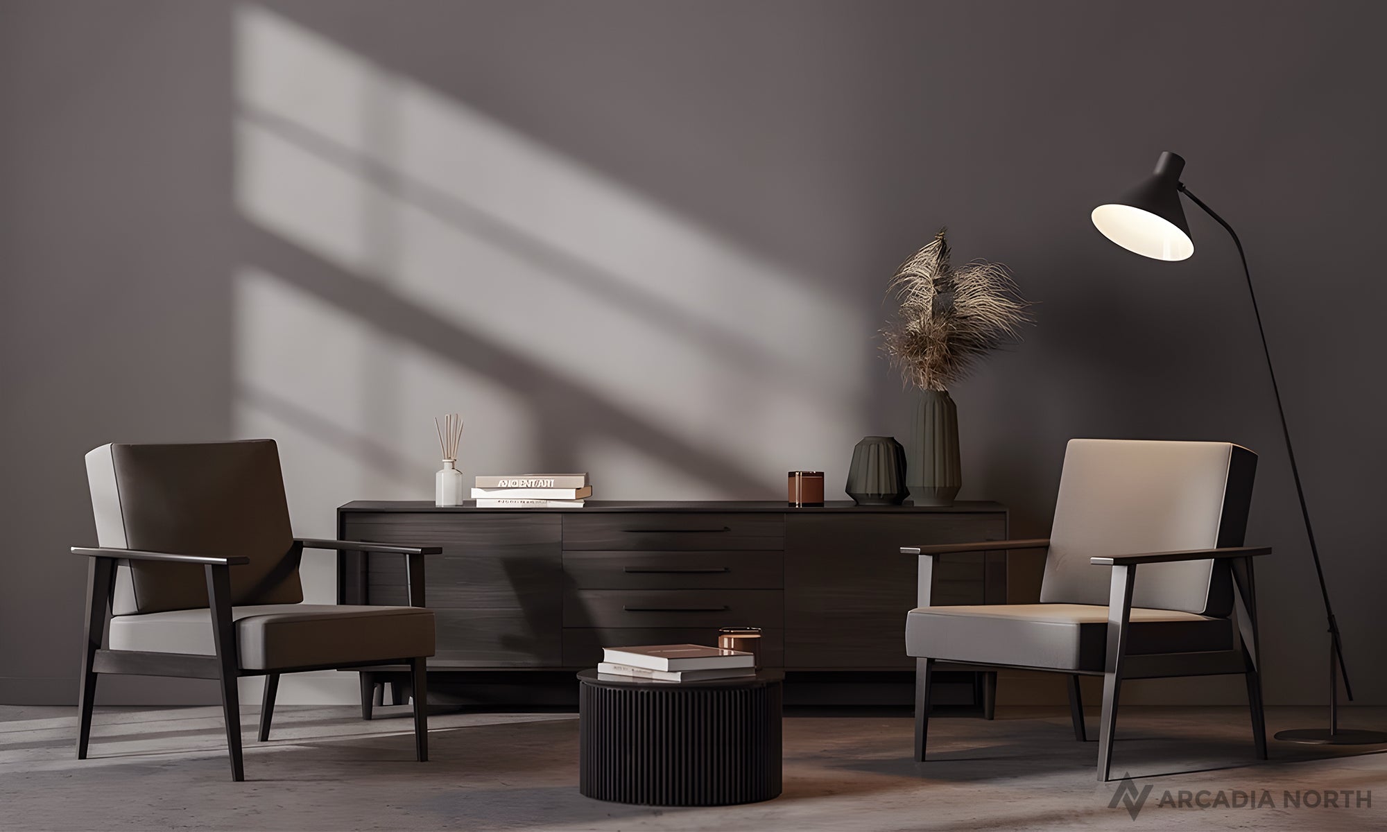 Modern living room with an empty wall above the console