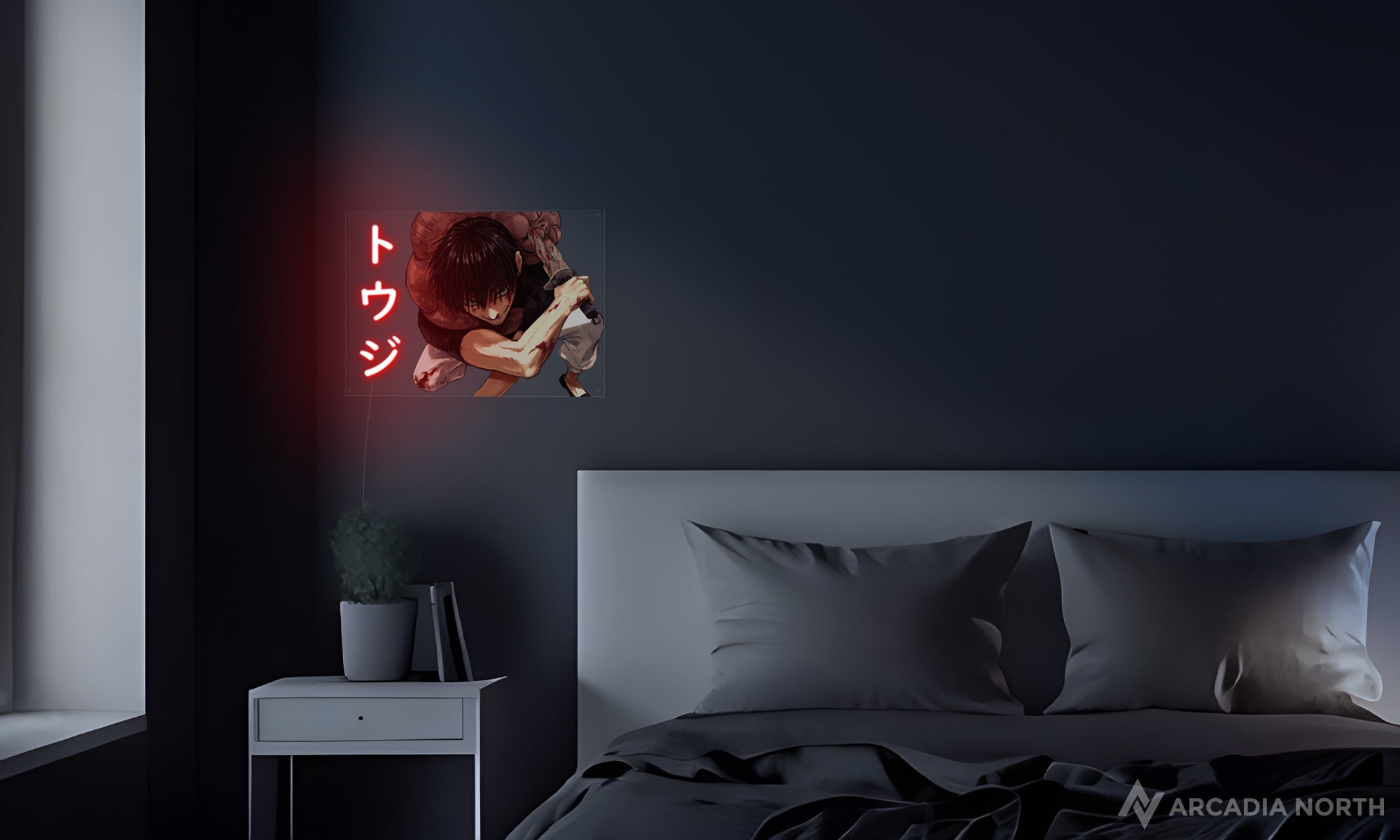 Arcadia North AURALIGHT Original LED Poster featuring the anime Jujutsu Kaisen with Toji Fushiguro art and “Toji” written in Japanese Katakana illuminated by LED neon lights. UV-printed poster on acrylic.