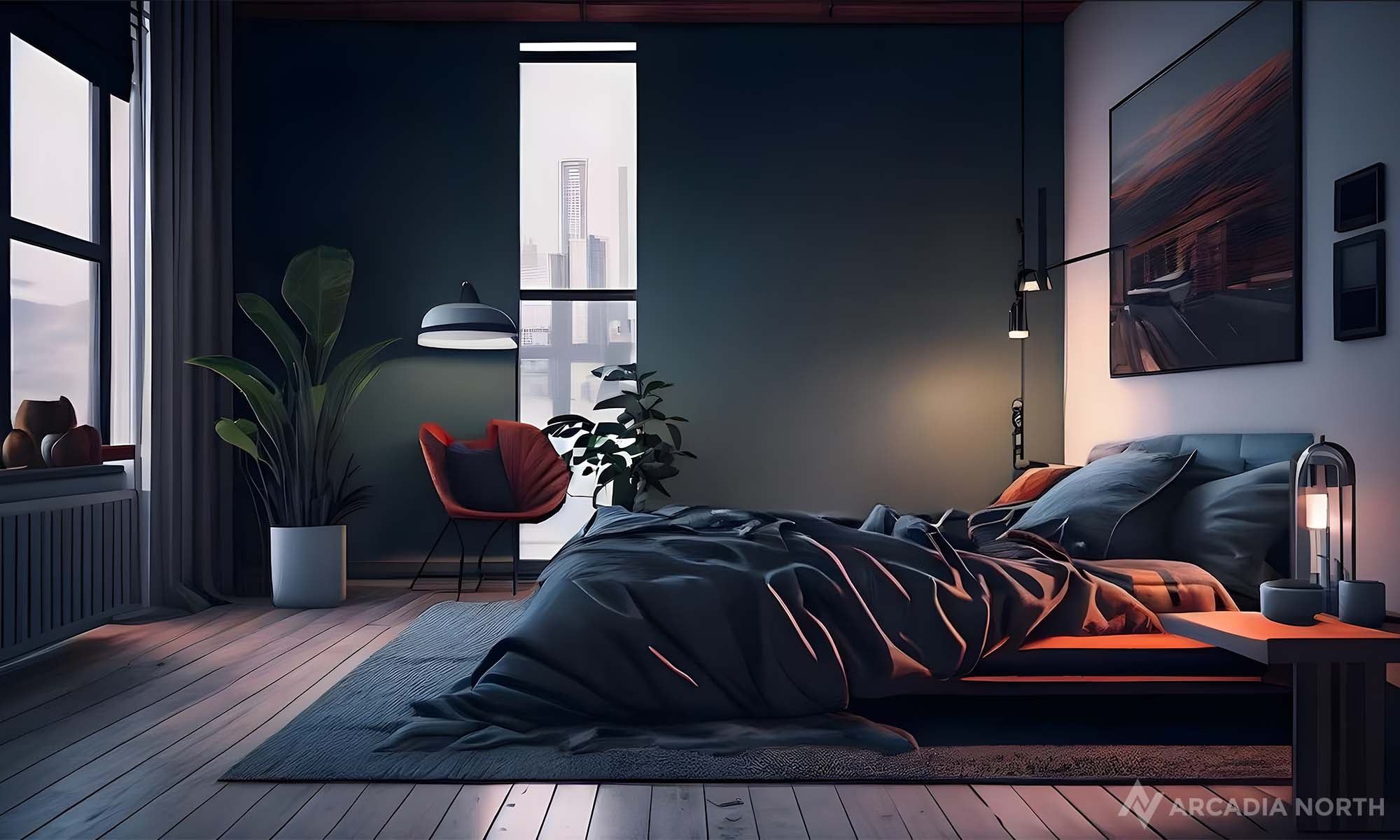 Modern bedroom with an empty wall