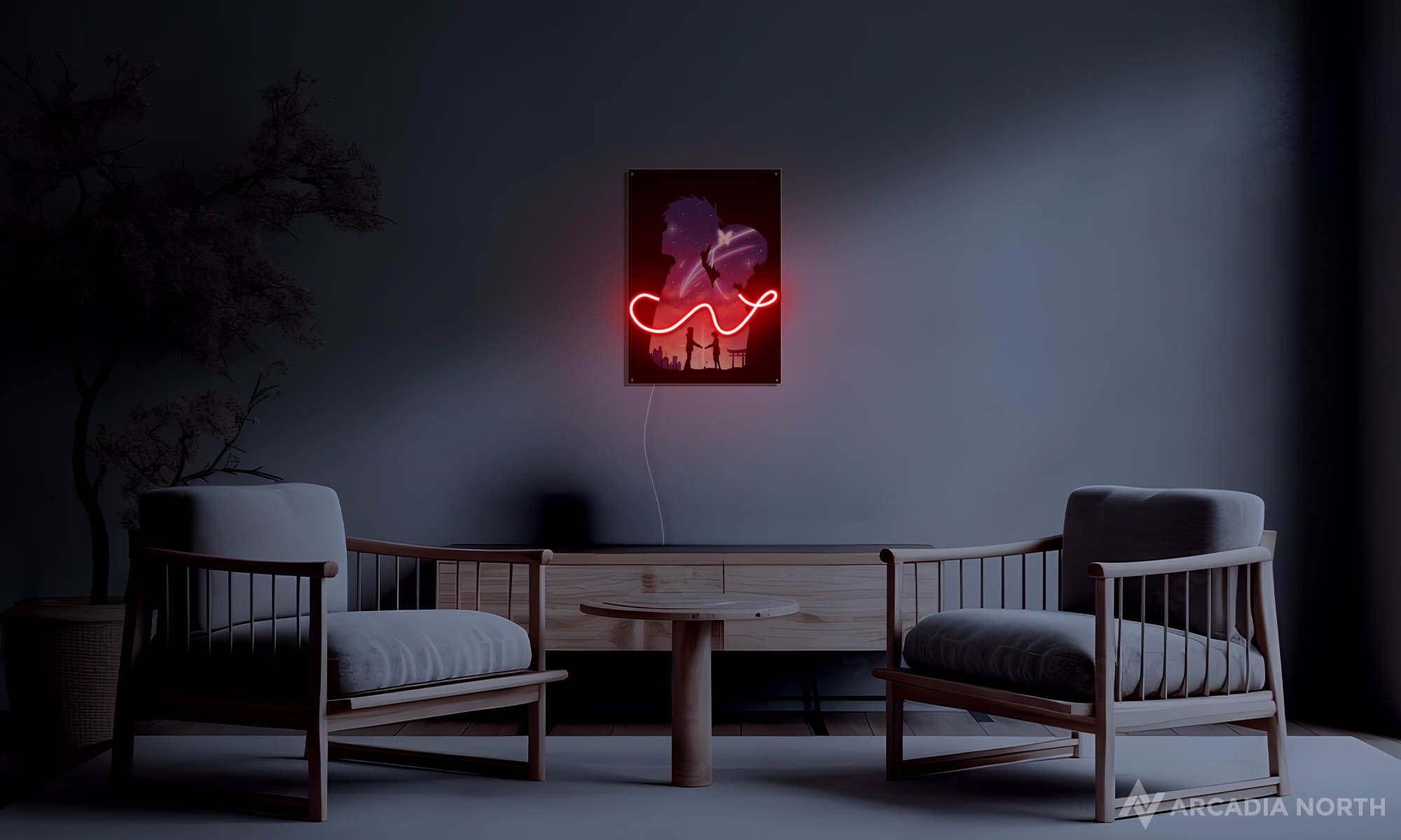 Arcadia North Original LED Poster of the anime Your Name Kimi no Na wa by Makoto Shinkai featuring Mitsuha and Taki with the red string of fate illuminated by LED neon lights. UV-printed poster on acrylic