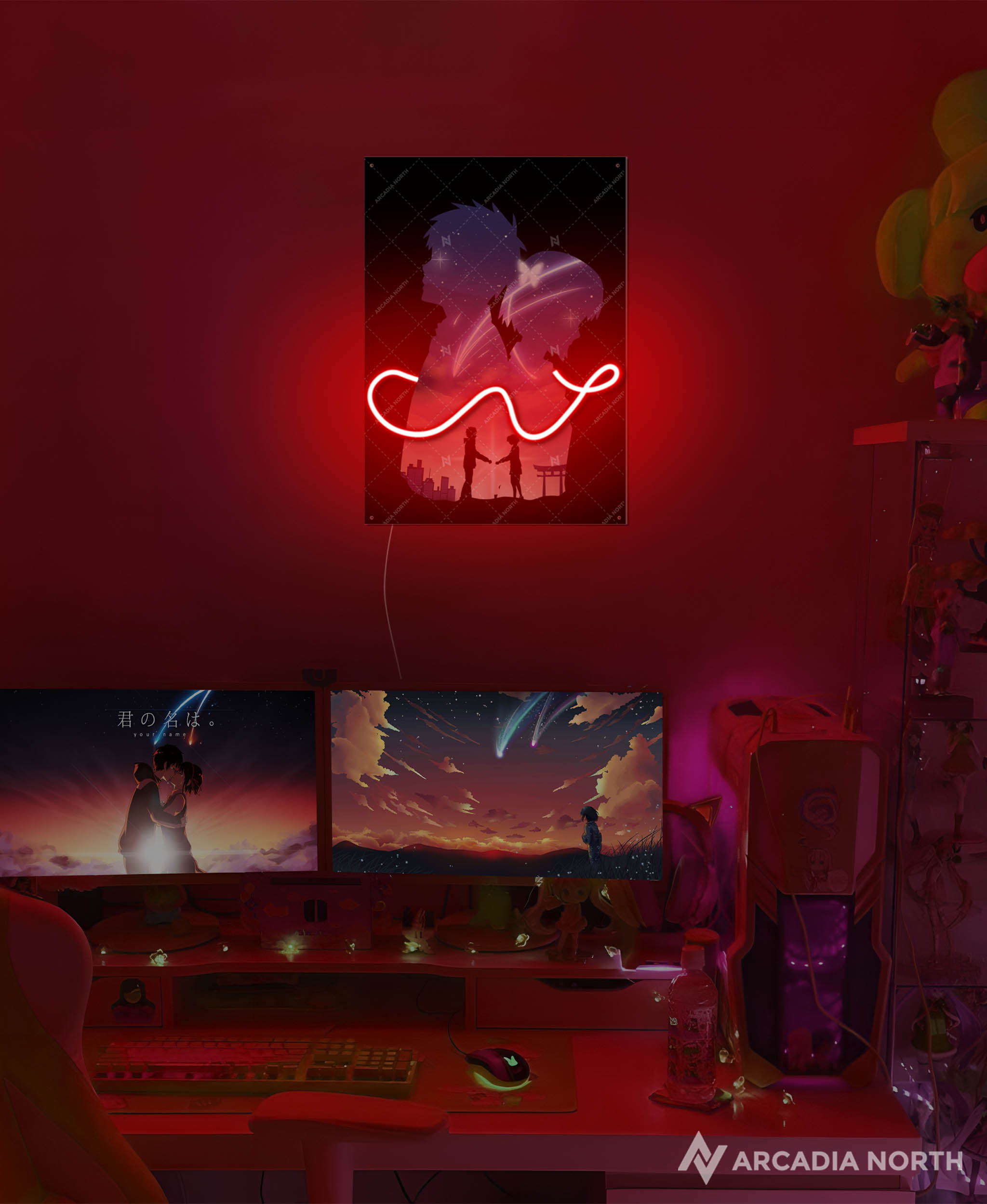 Arcadia North AURALIGHT - an LED Poster featuring the Makoto Shinkai anime Your Name Kimi no Na wa with Mitsuha and Taki connected by the red string of fate. Illuminated by glowing neon LED lights. UV-printed on acrylic.