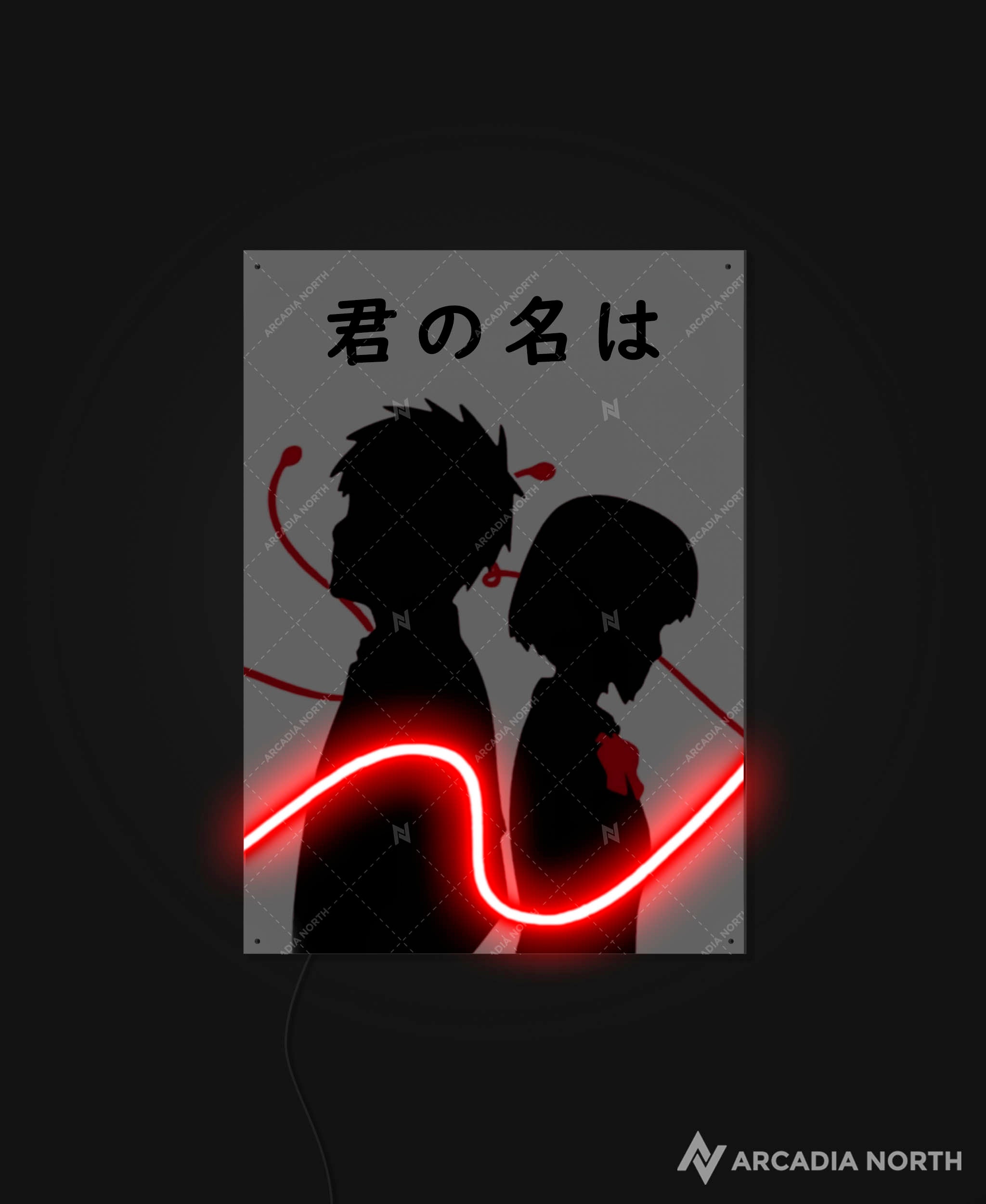 Arcadia North AURALIGHT - an LED Poster featuring the Makoto Shinkai anime Your Name Kimi no Na wa with Mitsuha and Taki connected by the red string of fate. Illuminated by glowing neon LED lights. UV-printed on acrylic.