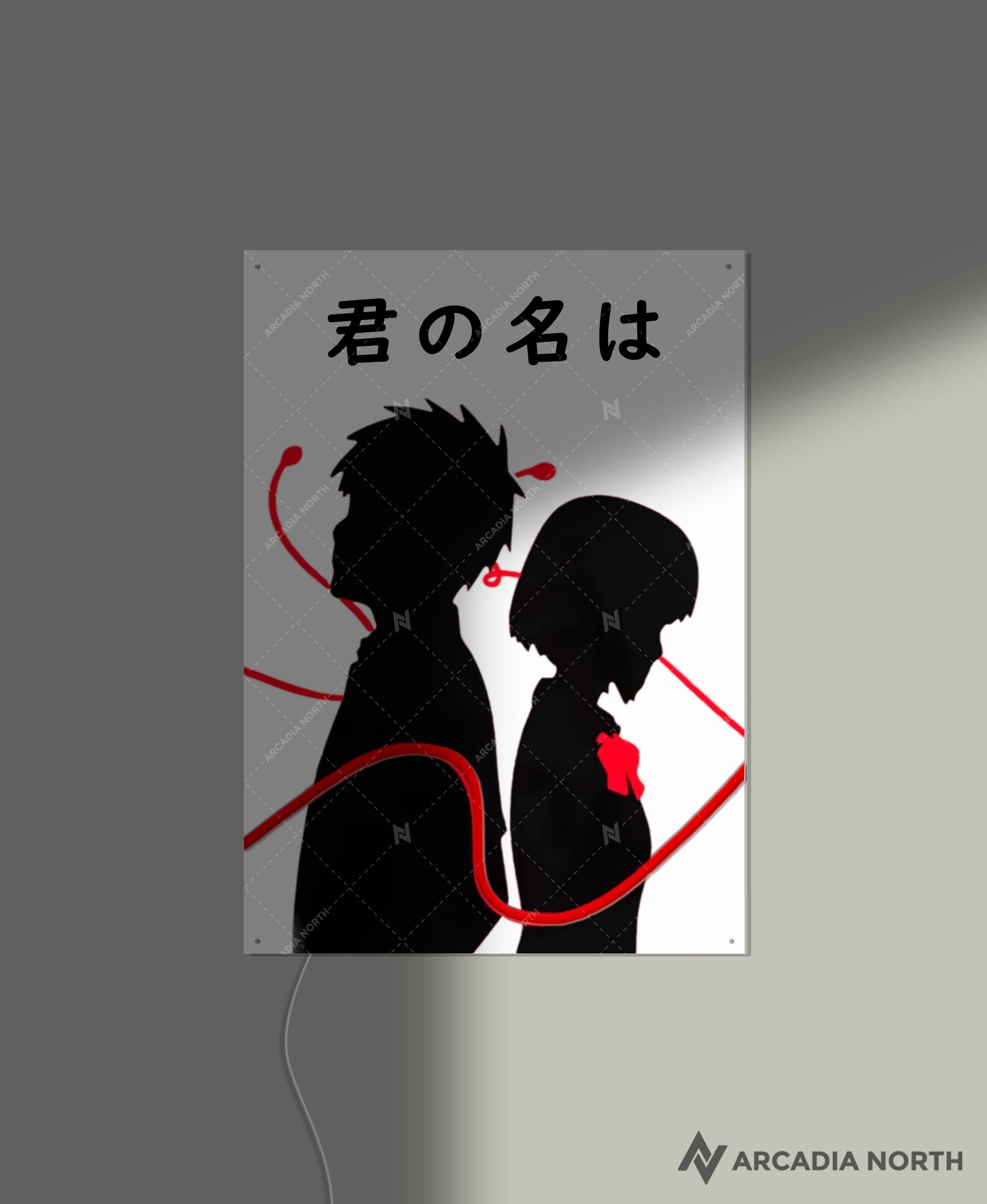 Arcadia North AURALIGHT - an LED Poster featuring the Makoto Shinkai anime Your Name Kimi no Na wa with Mitsuha and Taki connected by the red string of fate. Illuminated by glowing neon LED lights. UV-printed on acrylic.