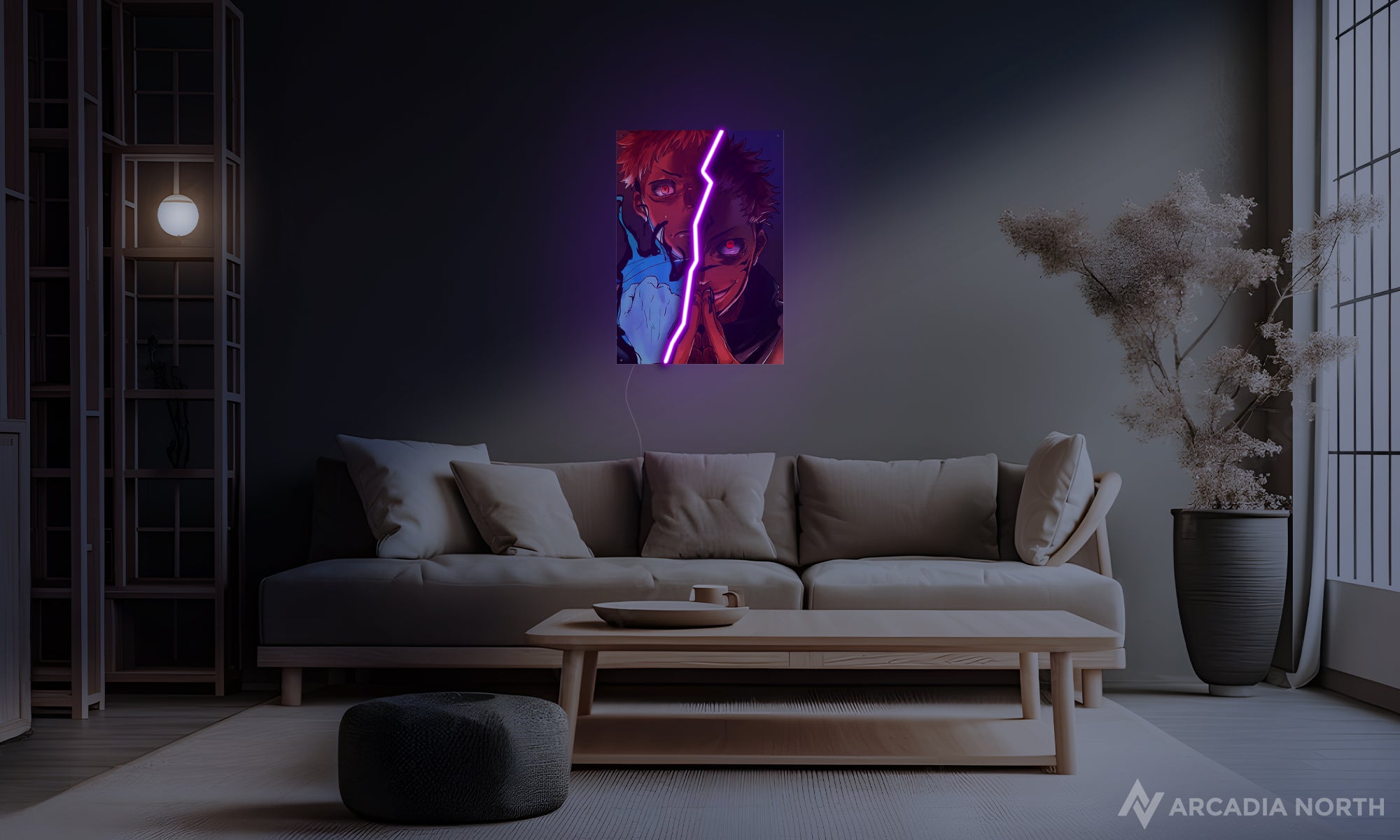 Arcadia North AURALIGHT Original LED Poster featuring the anime Jujutsu Kaisen with Yuji Itadori and Ryomen Sukuna. The split between the two characters is illuminated by LED neon lights. UV-printed poster on acrylic.