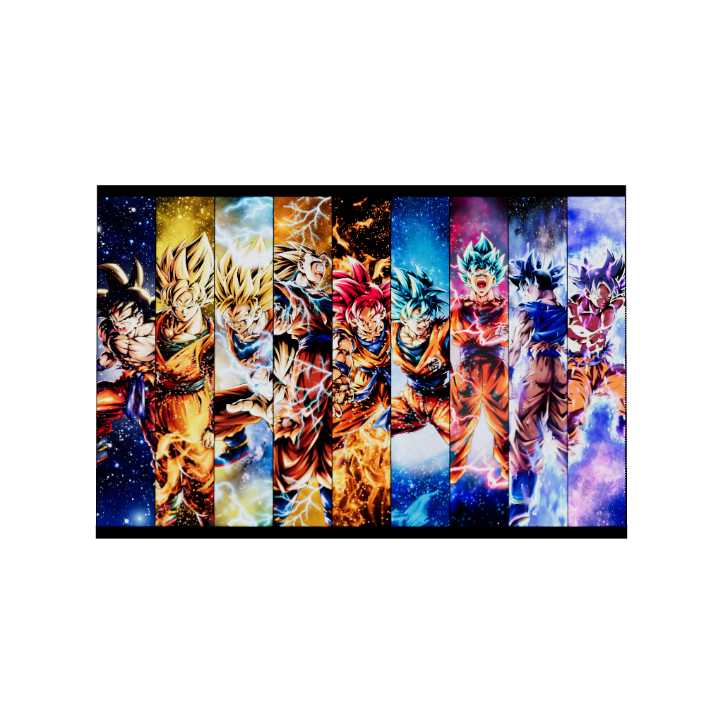 Dragon Ball Super Goku All Forms acrylic poster by Arcadia North – premium DBZ anime wall art printed on glossy acrylic.