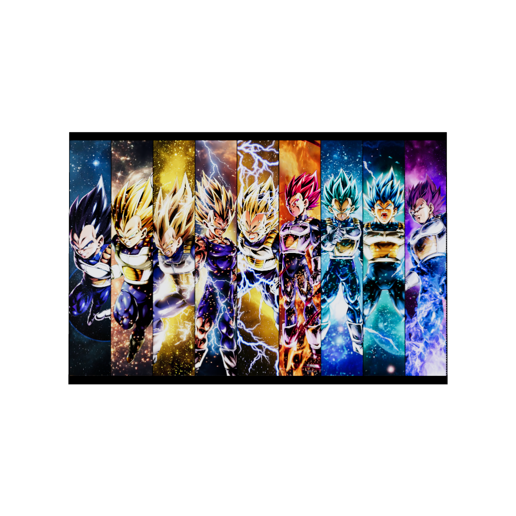 Dragon Ball Super Vegeta All Forms acrylic poster by Arcadia North – premium DBZ anime wall art printed on glossy acrylic.