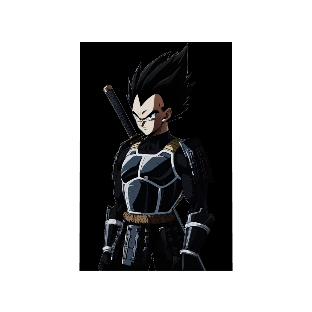Dragon Ball anime acrylic poster 3D model by Arcadia North. Featuring Vegeta as a samurai on a black background. Acrylic wall art printed on acrylic.