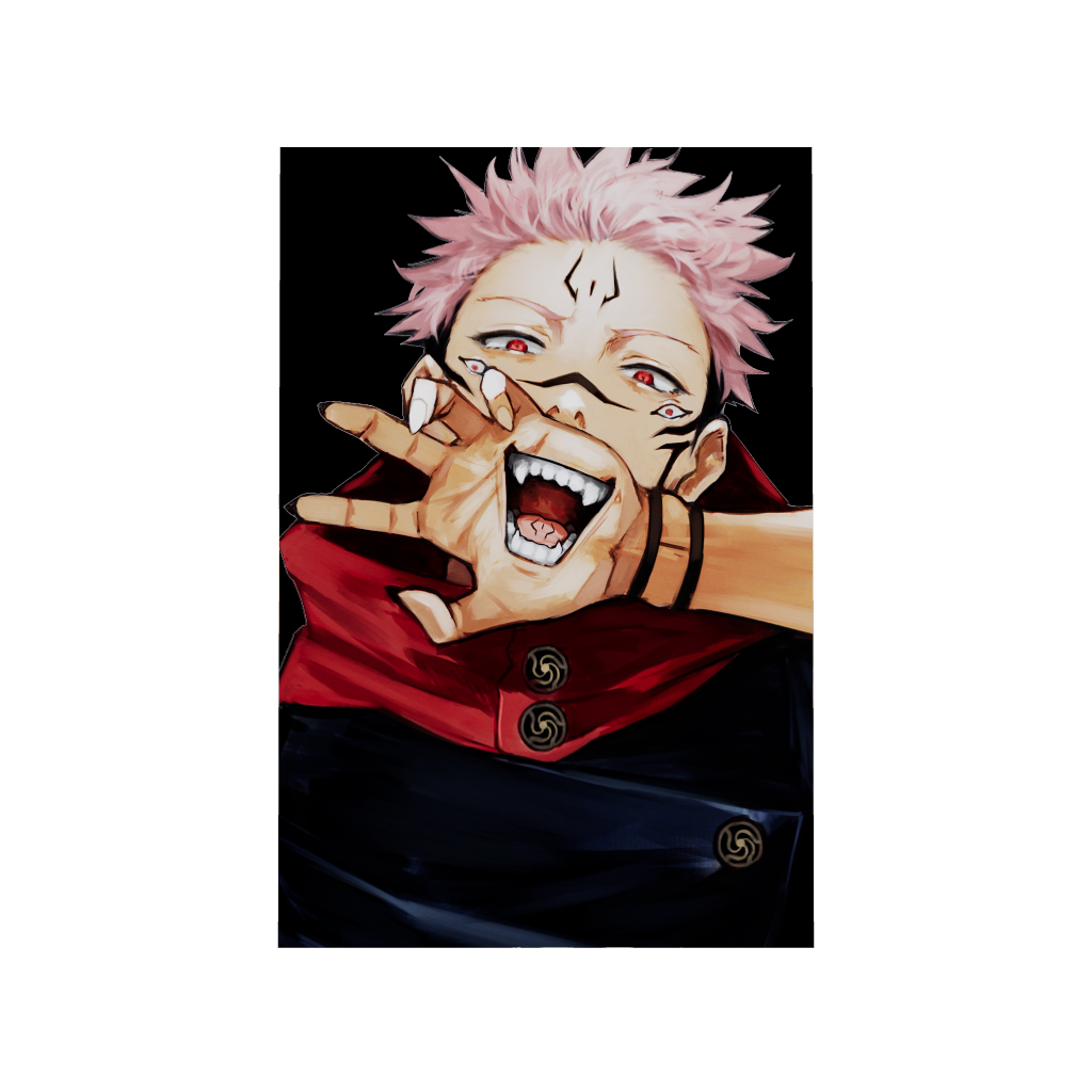 Jujutsu Kaisen anime acrylic poster 3D model by Arcadia North. Featuring a close-up of Sukuna on a black background. Acrylic wall art printed on acrylic.