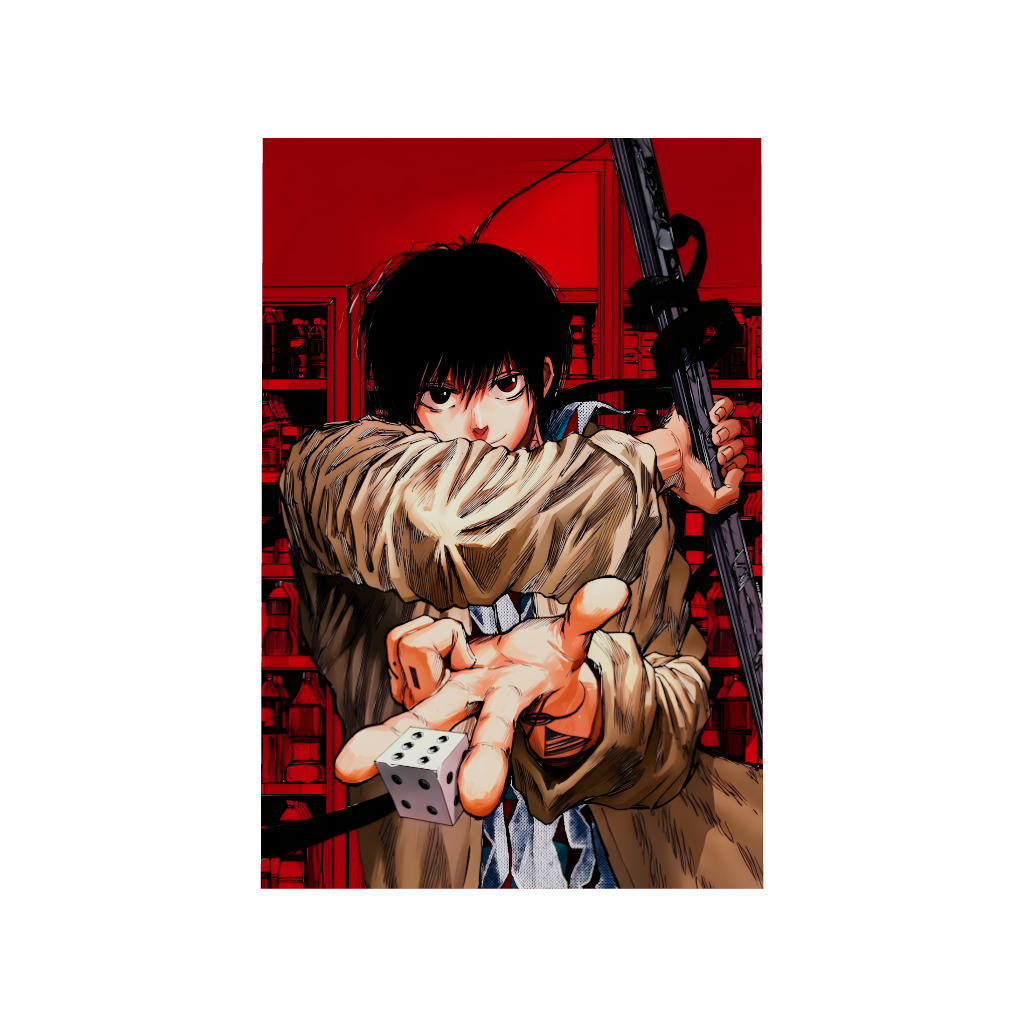 Sakamoto Days anime acrylic poster 3D model by Arcadia North. Textless no text clean manga cover for Volume 6 "Bad Luck" featuring Yoichi Nagumo. Acrylic wall art printed on acrylic.