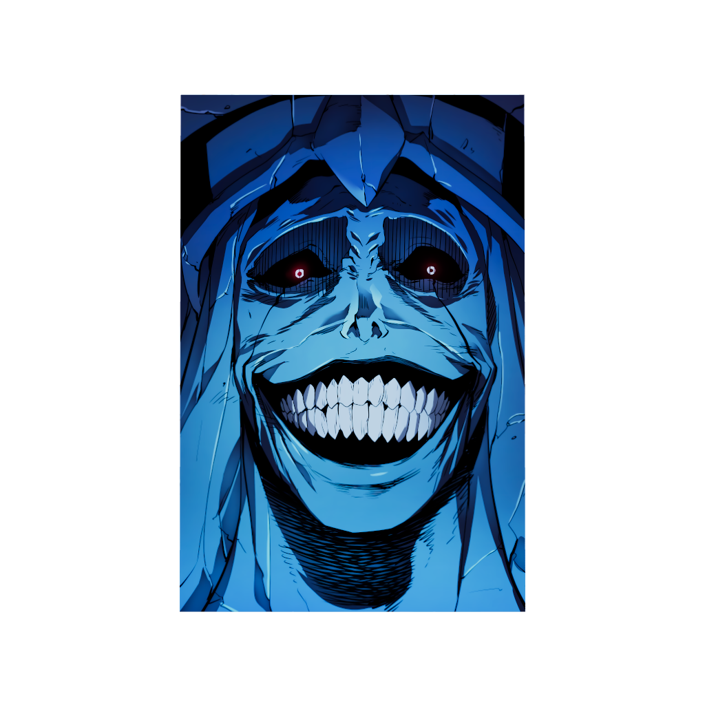 Solo Leveling anime acrylic poster by Arcadia North. Statue of God manga smiling. Acrylic wall art printed on acrylic.