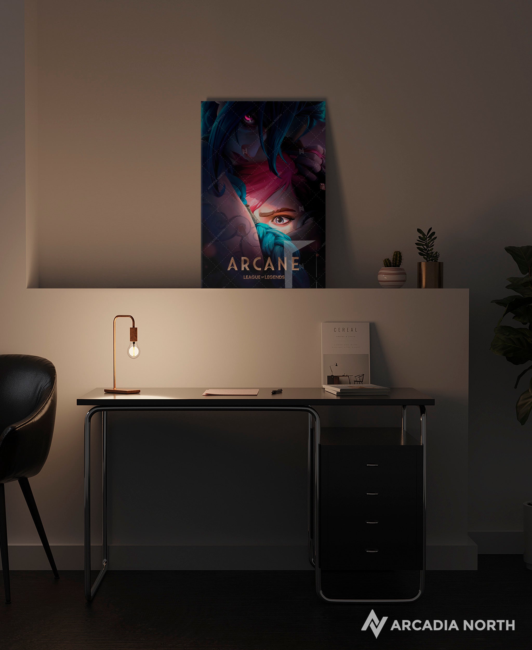 Arcane League of Legends gaming acrylic poster by Arcadia North. Arcane Season 2 Poster with Jinx hugging Vi. Acrylic wall art printed on acrylic.