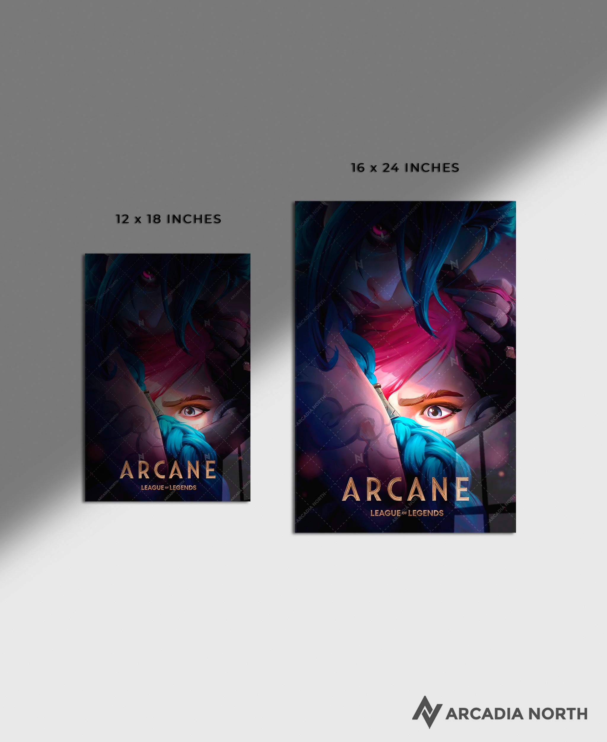 Arcane League of Legends gaming acrylic poster by Arcadia North. Arcane Season 2 Poster with Jinx hugging Vi. Acrylic wall art printed on acrylic.