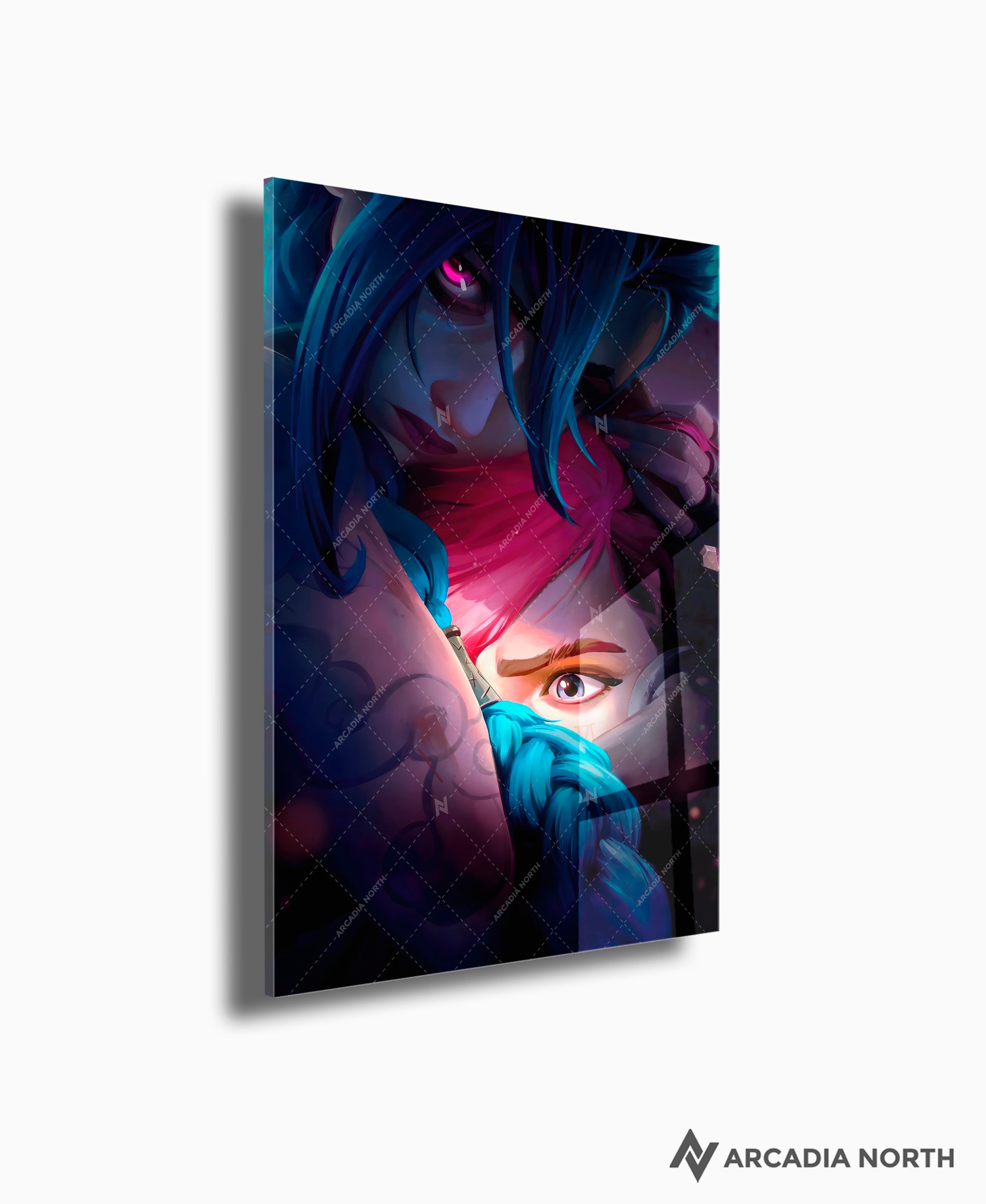 Arcane League of Legends gaming acrylic poster by Arcadia North. Arcane Season 2 Poster no text with Jinx hugging Vi. Acrylic wall art printed on acrylic.