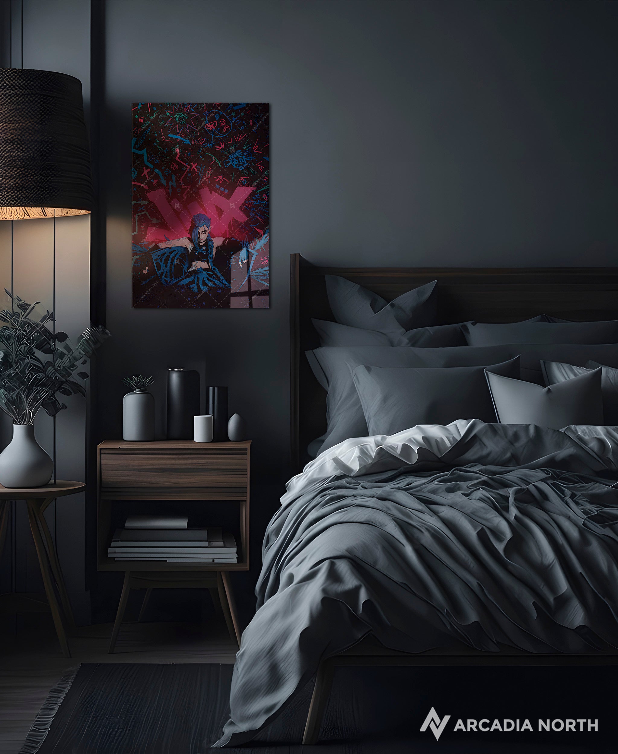 Arcane League of Legends gaming acrylic poster by Arcadia North. Jinx Graffiti. Acrylic wall art printed on acrylic.