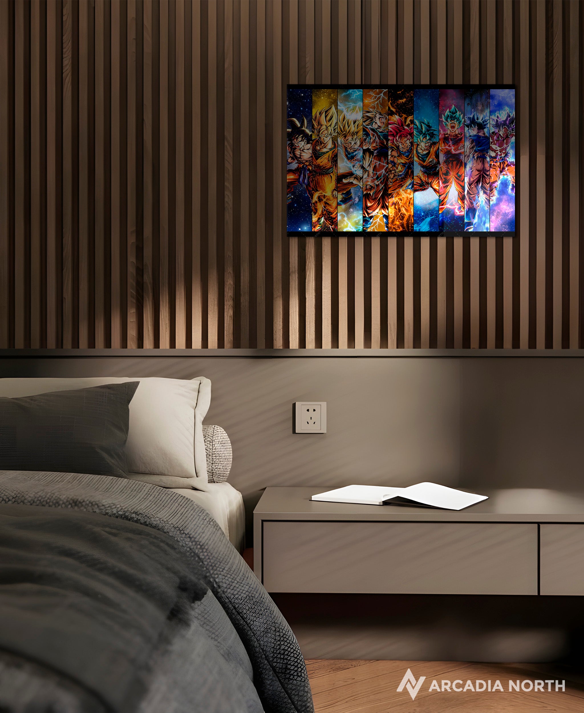 Dragon Ball Super Goku All Forms acrylic poster by Arcadia North – premium DBZ anime wall art printed on glossy acrylic.
