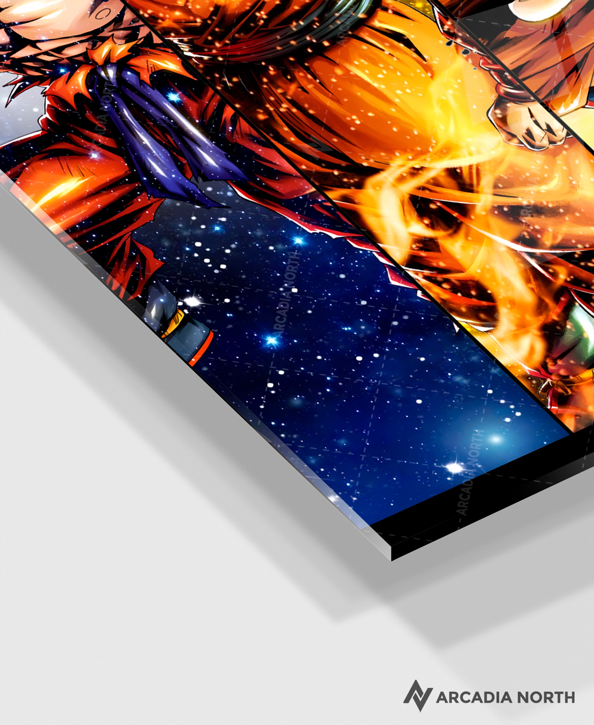 Dragon Ball Super Goku All Forms acrylic poster by Arcadia North – premium DBZ anime wall art printed on glossy acrylic.