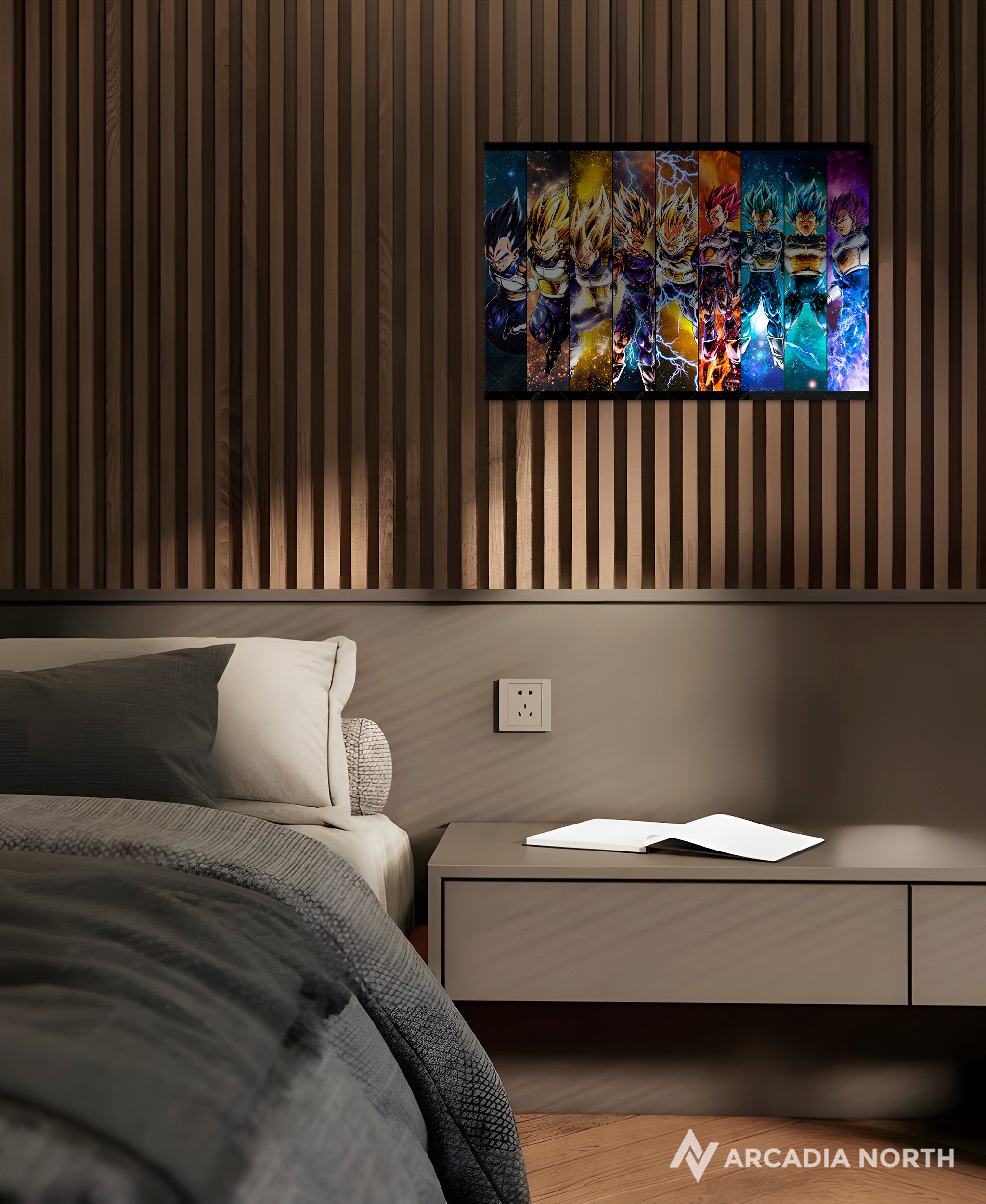 Dragon Ball Super Vegeta All Forms acrylic poster by Arcadia North – premium DBZ anime wall art printed on glossy acrylic.