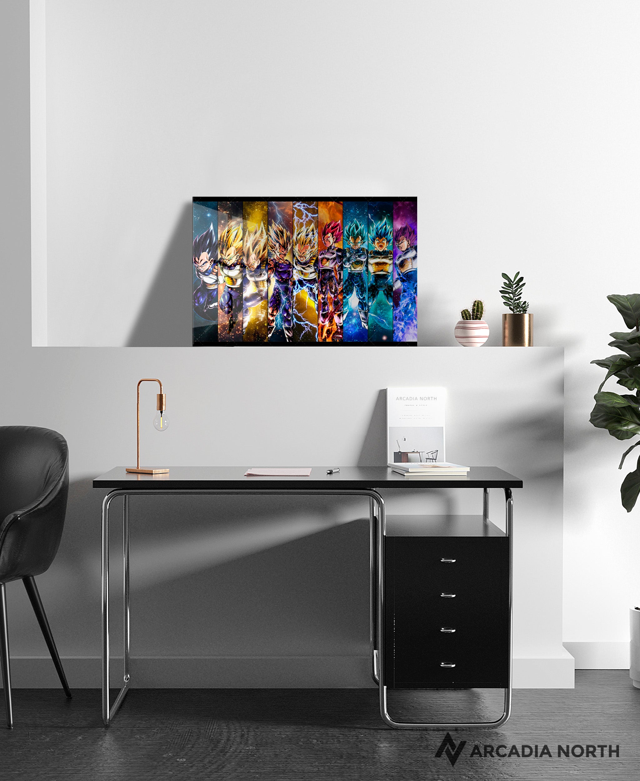Dragon Ball Super Vegeta All Forms acrylic poster by Arcadia North – premium DBZ anime wall art printed on glossy acrylic.
