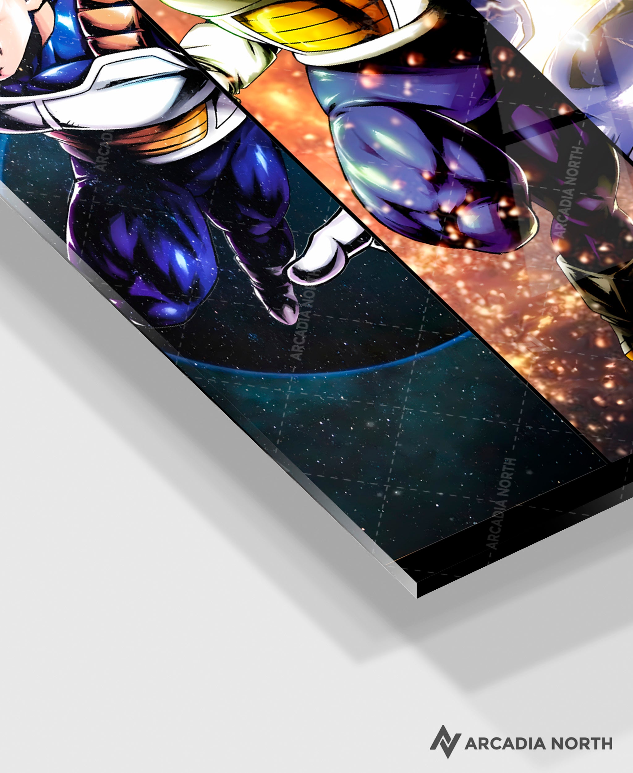 Dragon Ball Super Vegeta All Forms acrylic poster by Arcadia North – premium DBZ anime wall art printed on glossy acrylic.