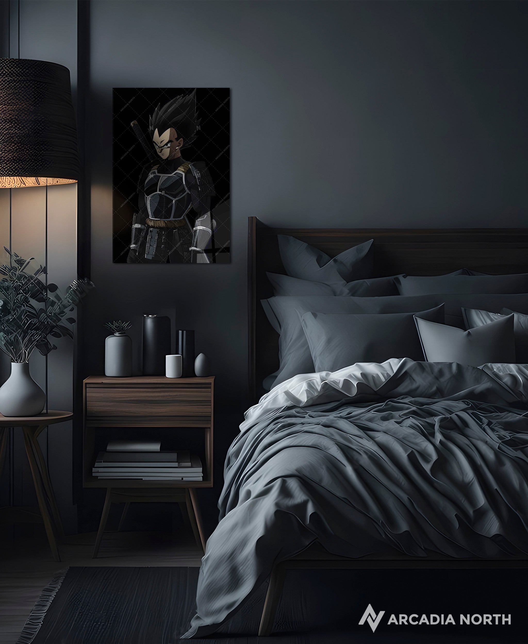 Dragon Ball anime acrylic poster by Arcadia North. Featuring Vegeta as a samurai on a black background. Acrylic wall art printed on acrylic.