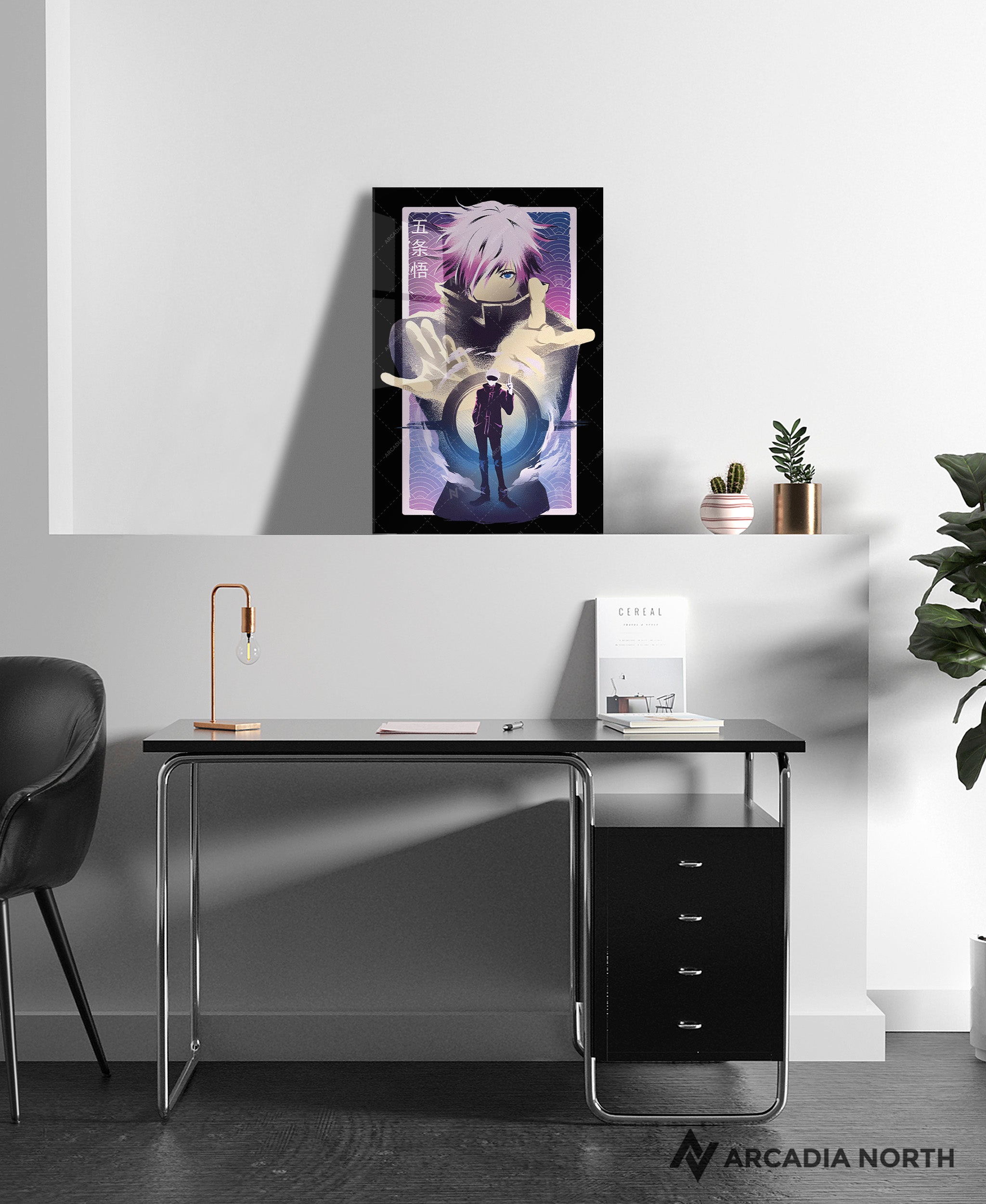 Jujutsu Kaisen anime acrylic poster by Arcadia North. Featuring Gojo Satoru Infinite Void. Black background. Acrylic wall art printed on acrylic.