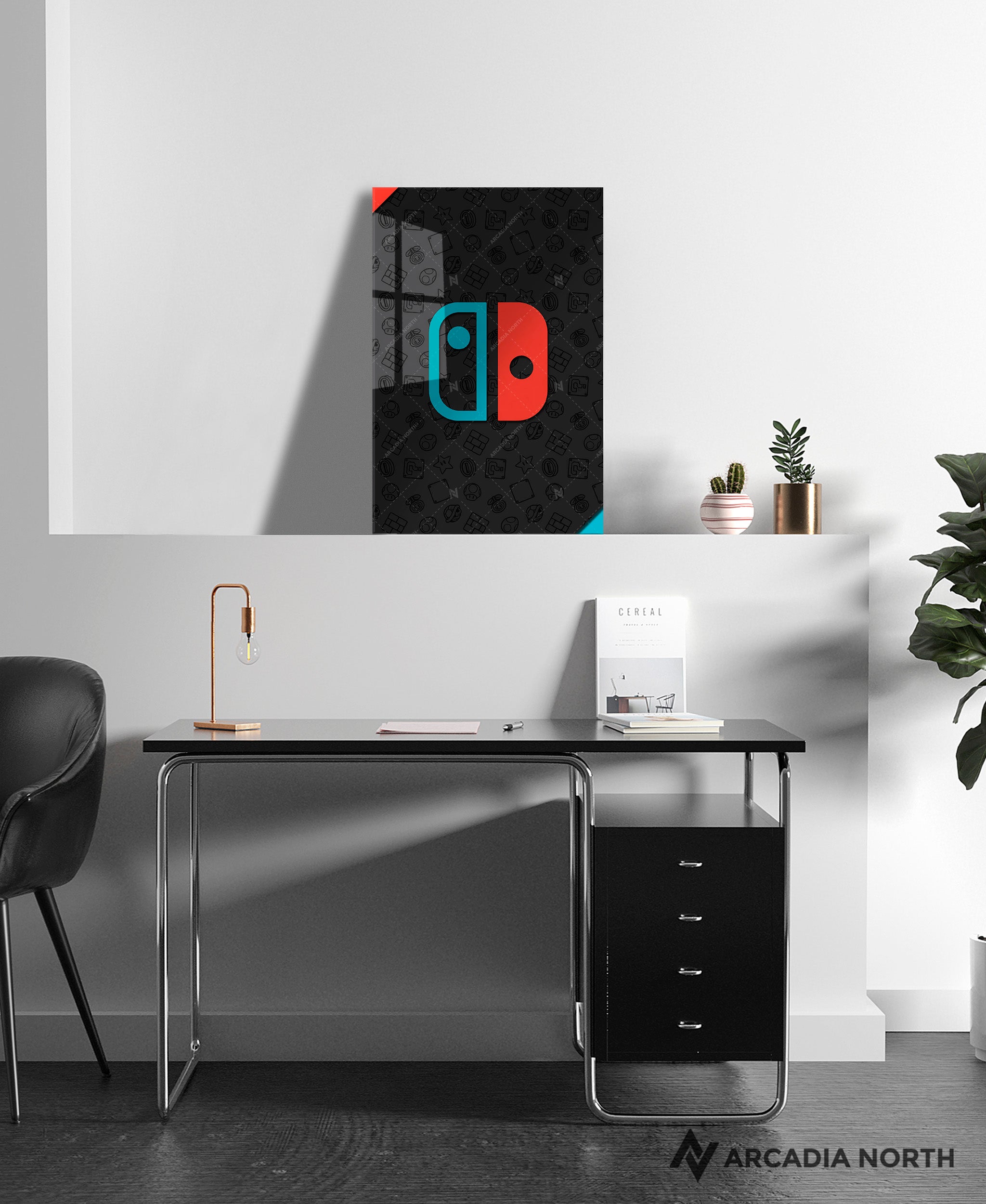 Nintendo Switch Controller Logo With Icons acrylic poster by Arcadia North – premium gaming wall art printed on glossy acrylic.