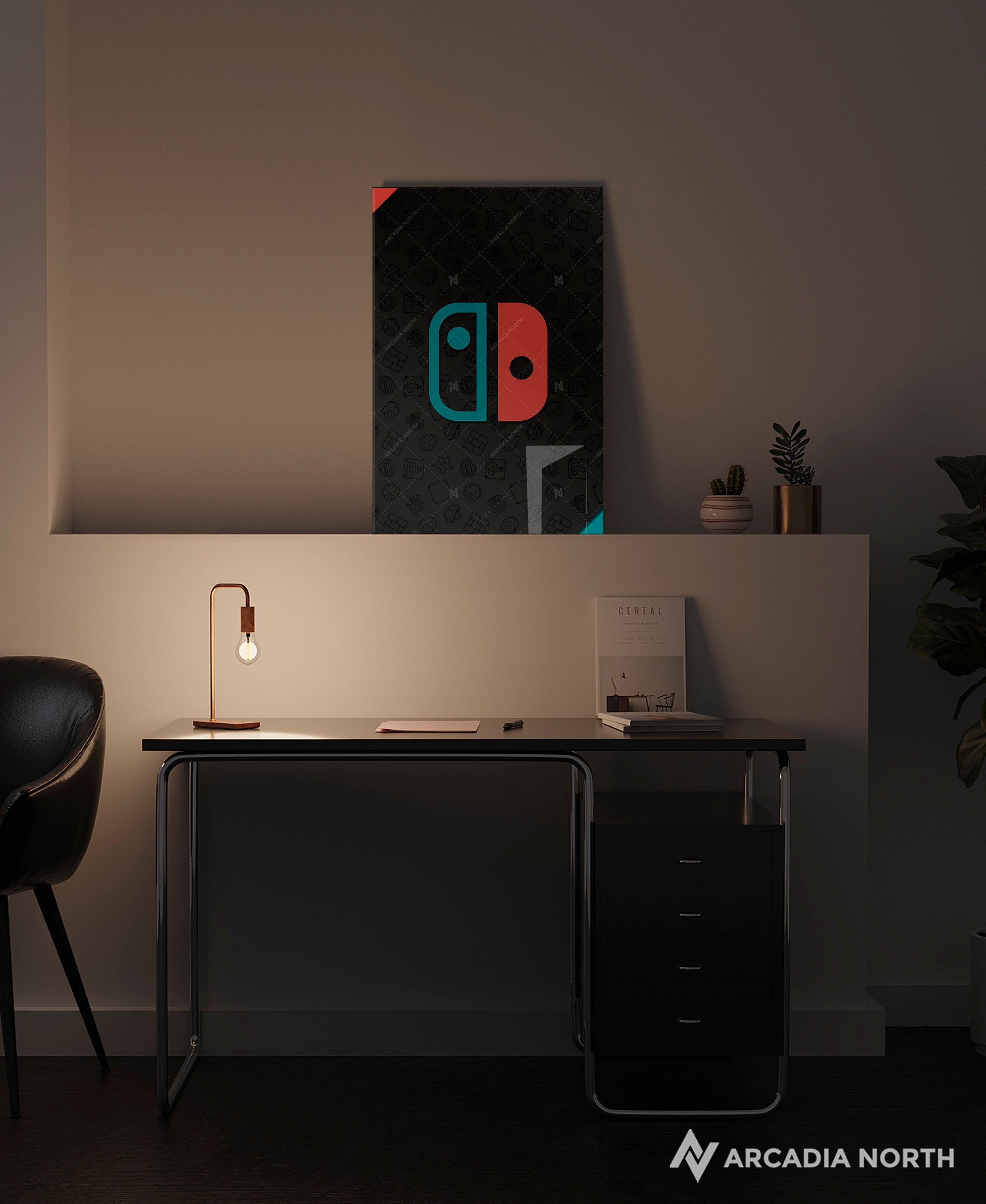Nintendo Switch Controller Logo With Icons acrylic poster by Arcadia North – premium gaming wall art printed on glossy acrylic.