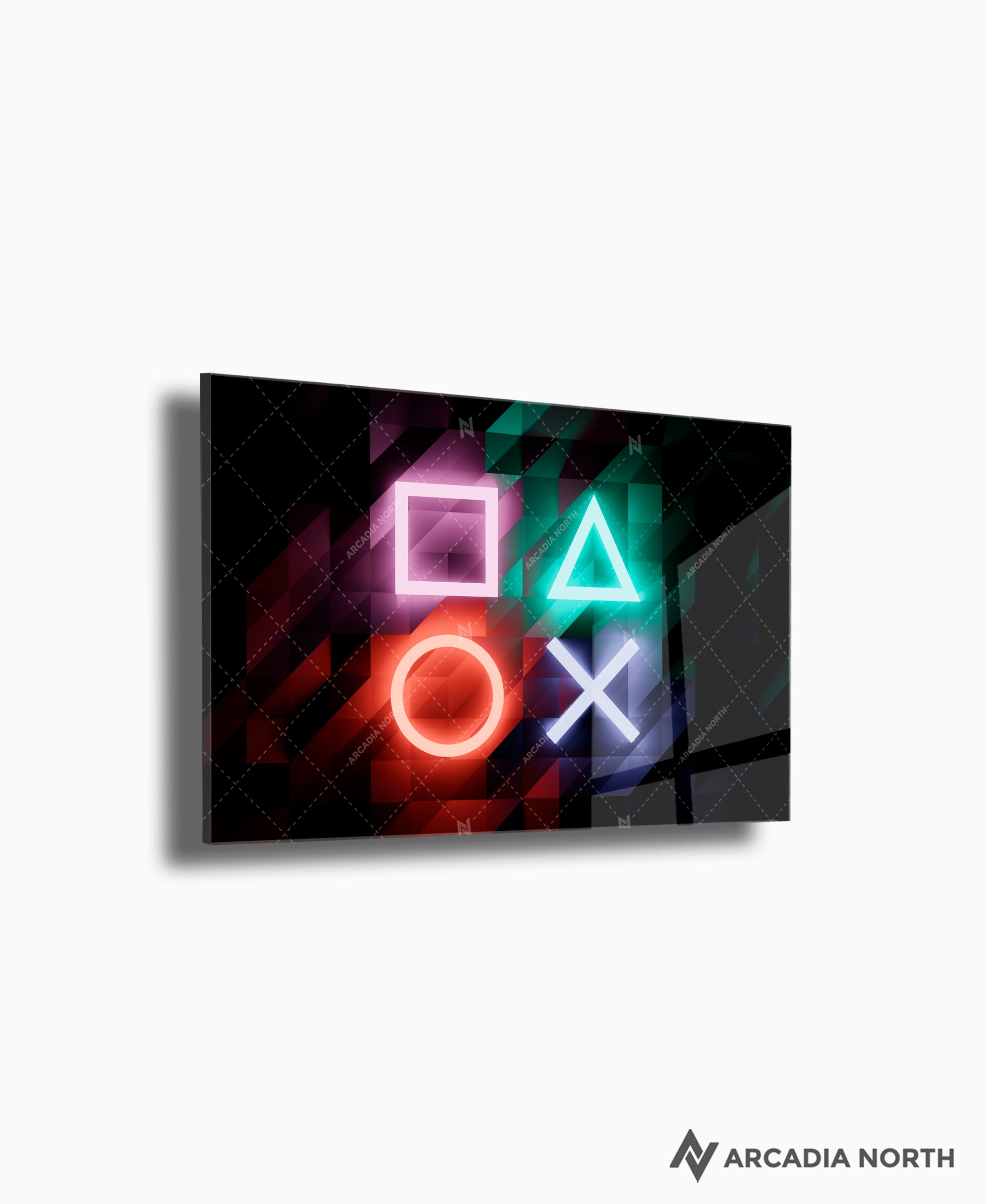 Sony PlayStation neon controller symbols/icons acrylic poster by Arcadia North – premium gaming wall art printed on glossy acrylic.